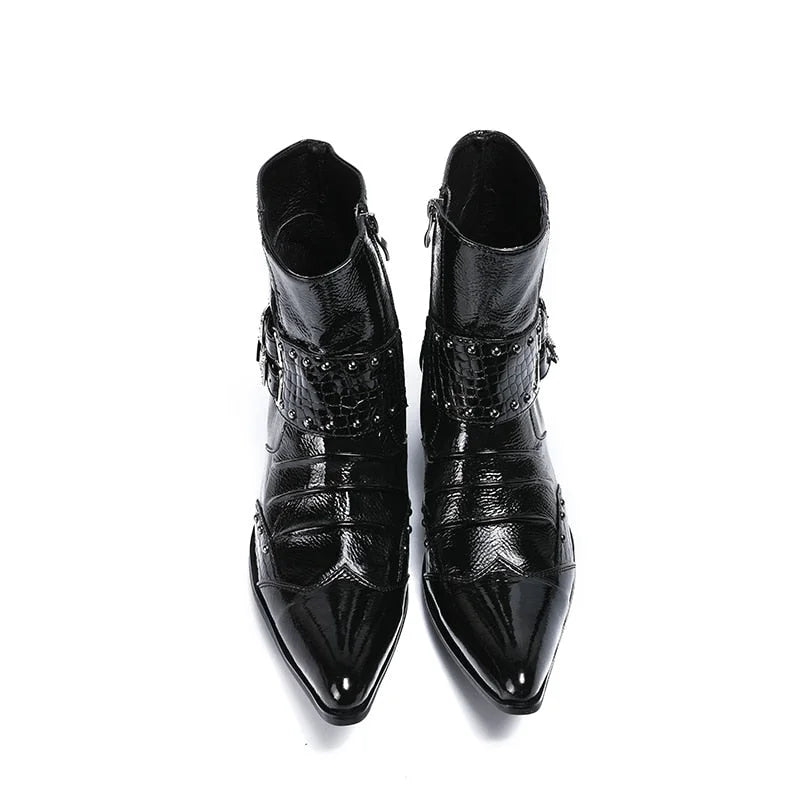 Men's Handmade Genuine Leather Pointed Toe Buckles 6.5cm Heels Ankle Boots