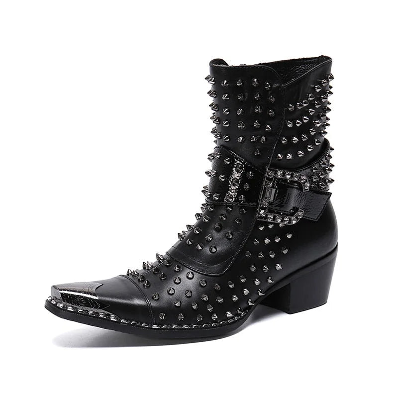 Men's Rock Punk Rivets Decor 6.5cm High Heels Short Ankle Party Boots