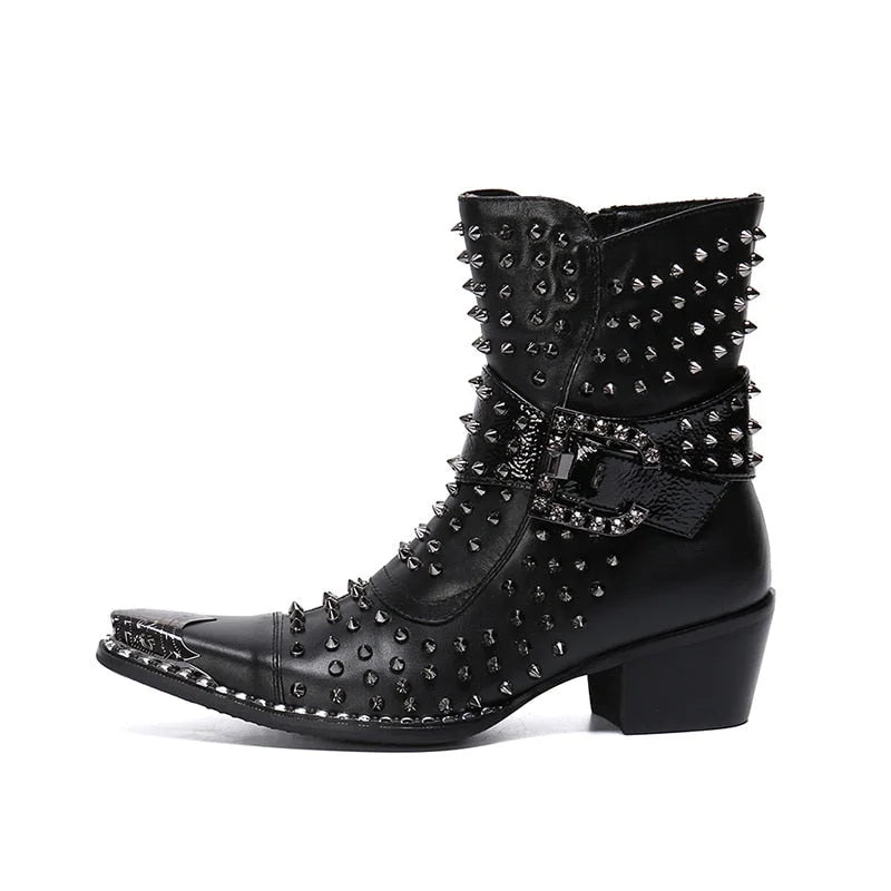 Men's Rock Punk Rivets Decor 6.5cm High Heels Short Ankle Party Boots