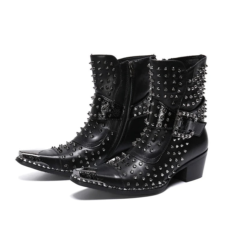 Men's Rock Punk Rivets Decor 6.5cm High Heels Short Ankle Party Boots