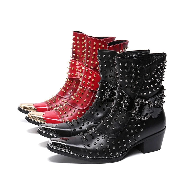 Men's Rock Punk Rivets Decor 6.5cm High Heels Short Ankle Party Boots