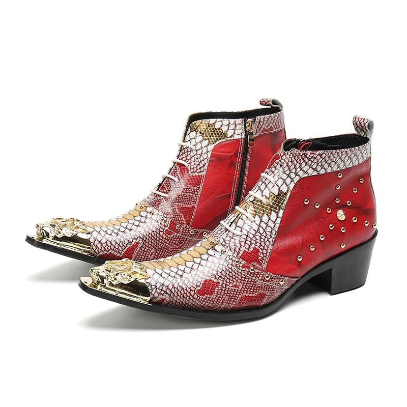 Men's Snake Pattern Leather Gold Iron Toe Ankle Boots for Party Wedding