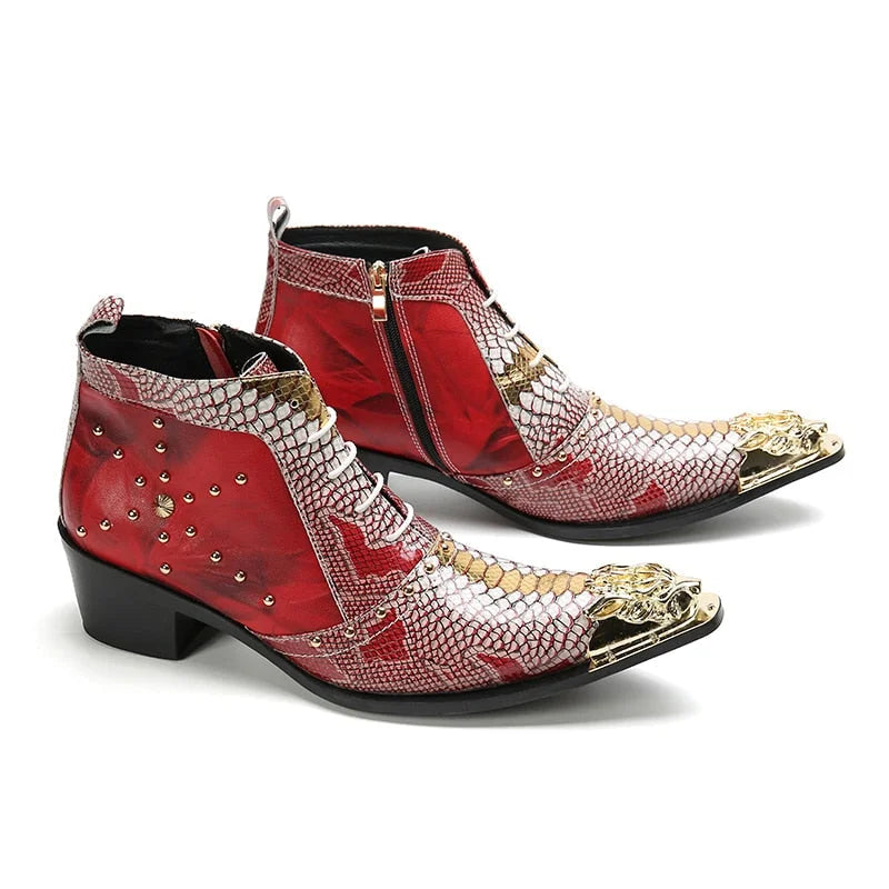 Men's Snake Pattern Leather Gold Iron Toe Ankle Boots for Party Wedding