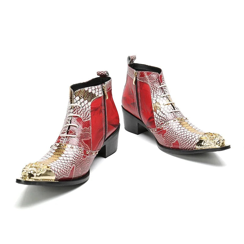 Men's Snake Pattern Leather Gold Iron Toe Ankle Boots for Party Wedding