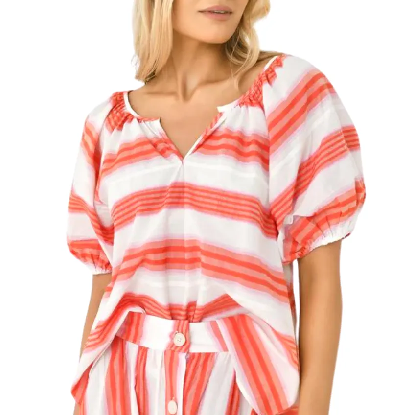 Never a Wallflower Gathered V-Neck Top - Pink and Orange Stripe