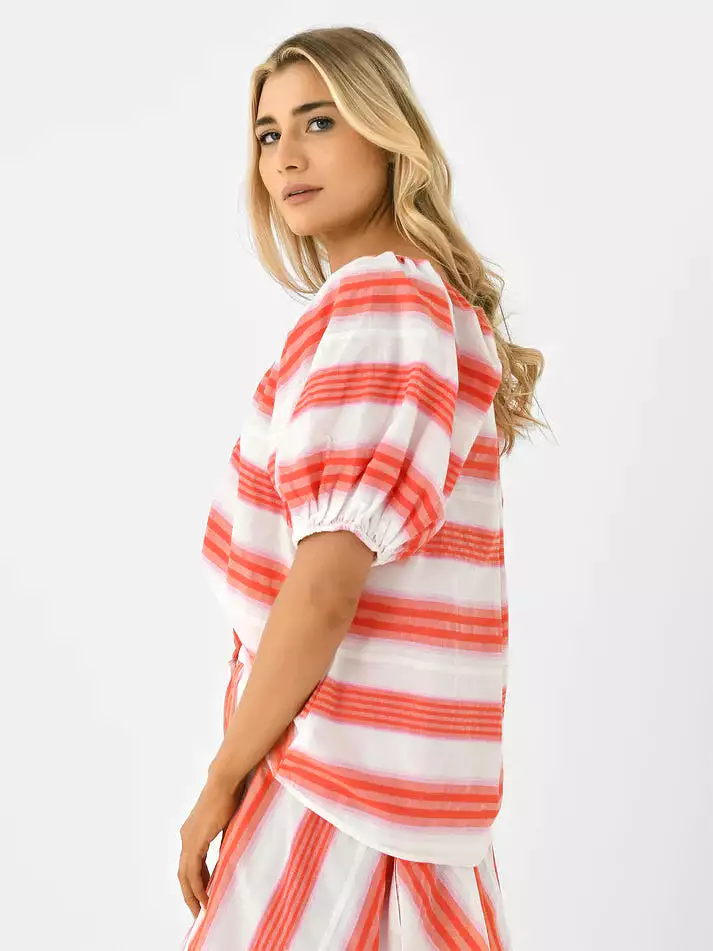 Never a Wallflower Gathered V-Neck Top - Pink and Orange Stripe