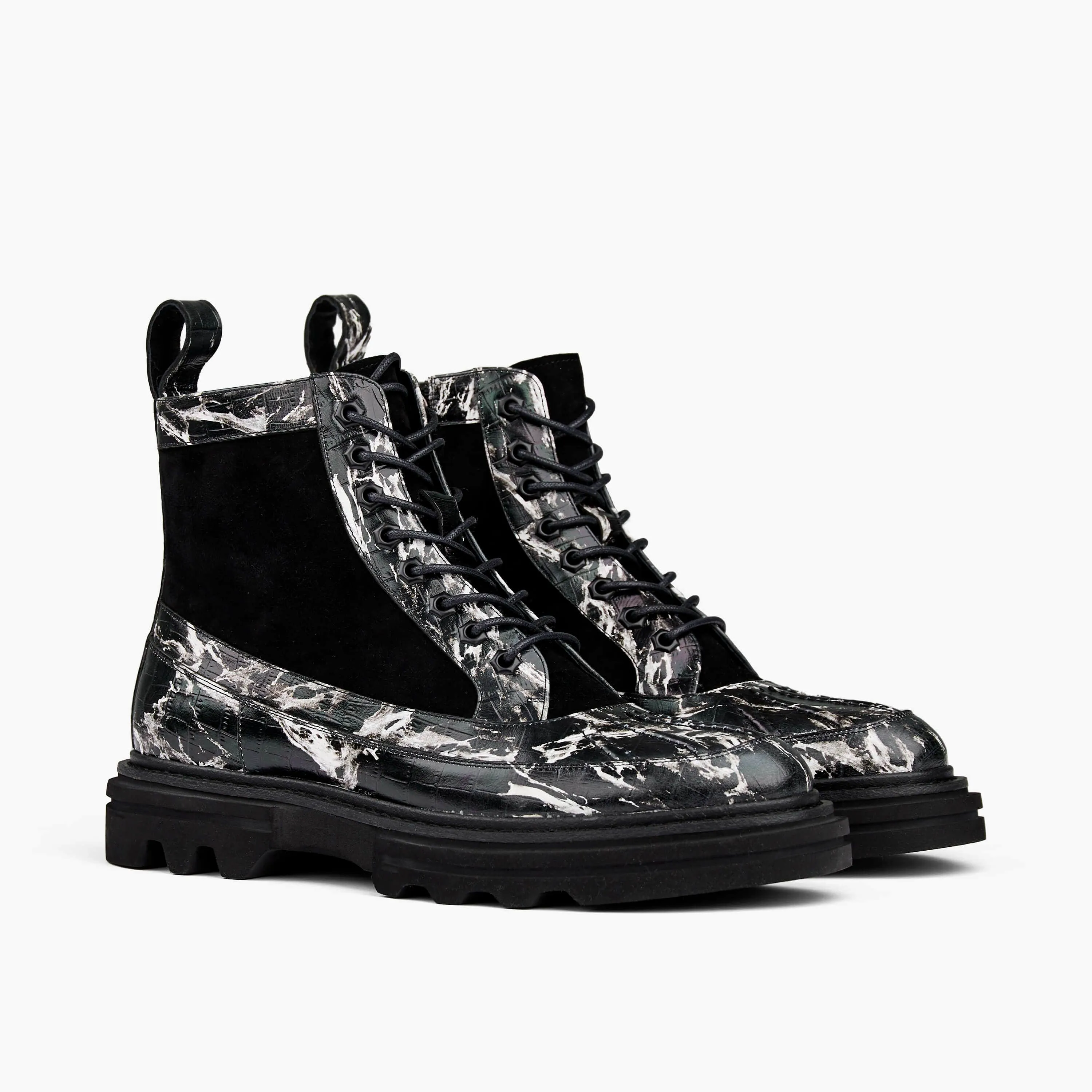 Odin Black Marble Leather Combat Boots