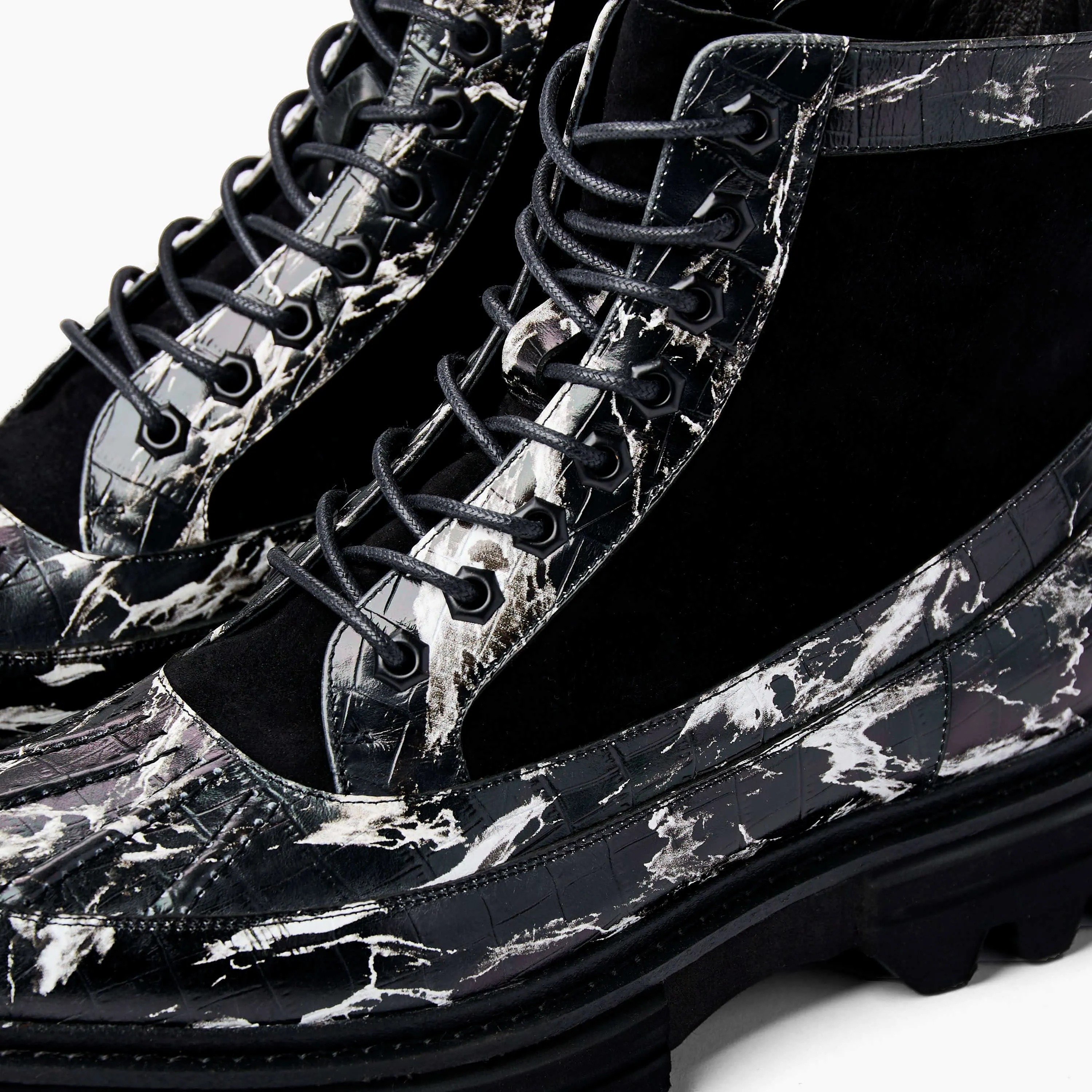 Odin Black Marble Leather Combat Boots