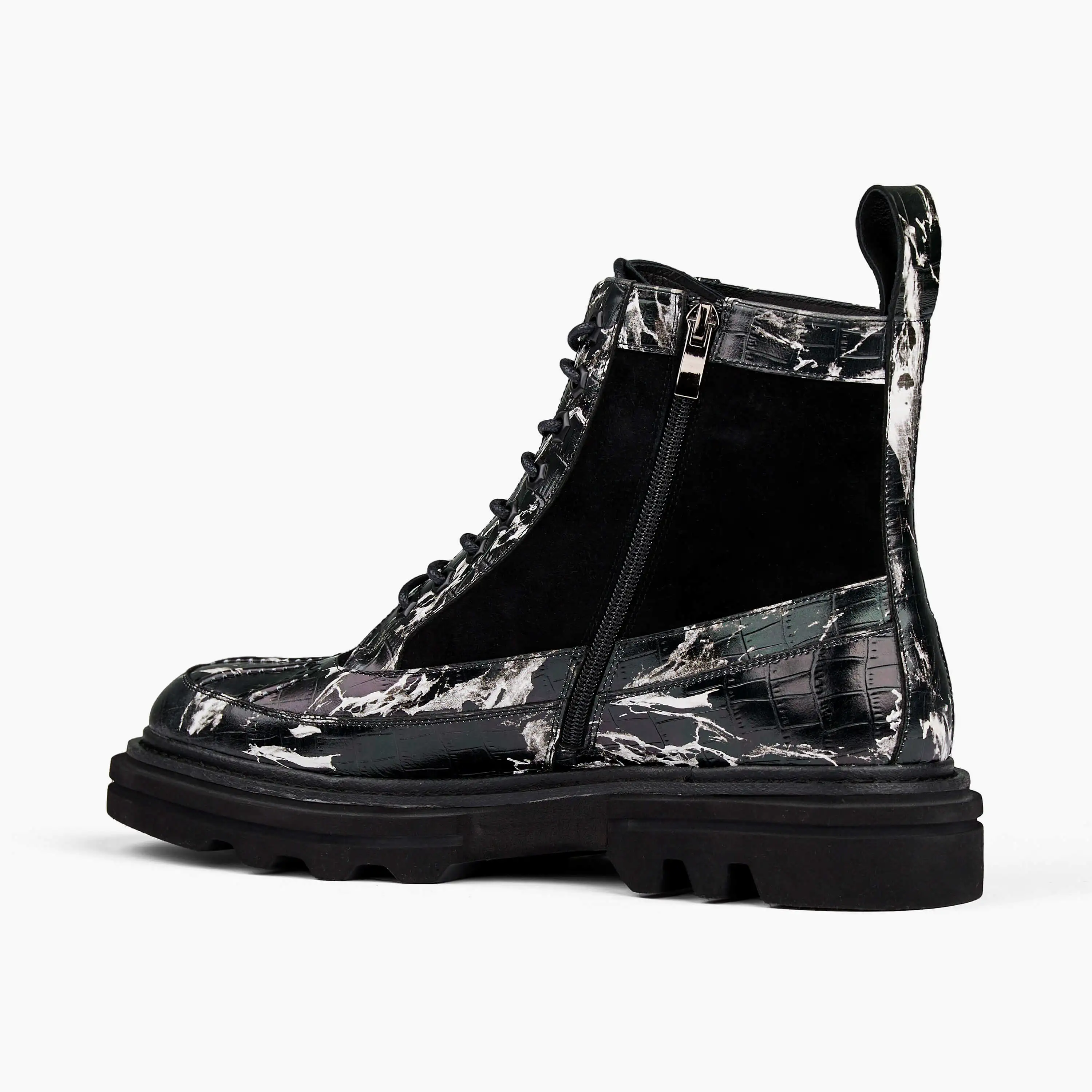 Odin Black Marble Leather Combat Boots