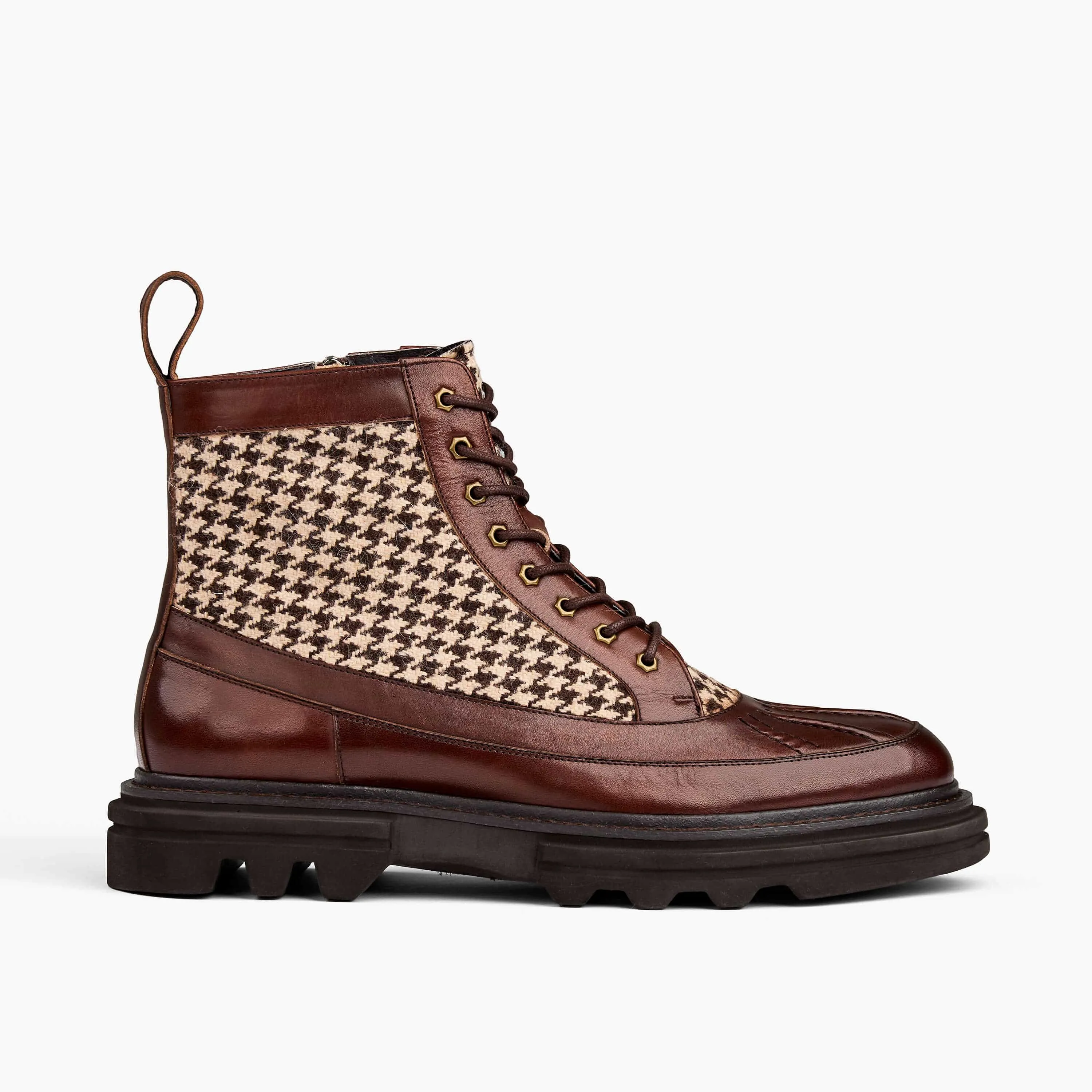 Odin Mahogany Houndstooth Leather Combat Boots