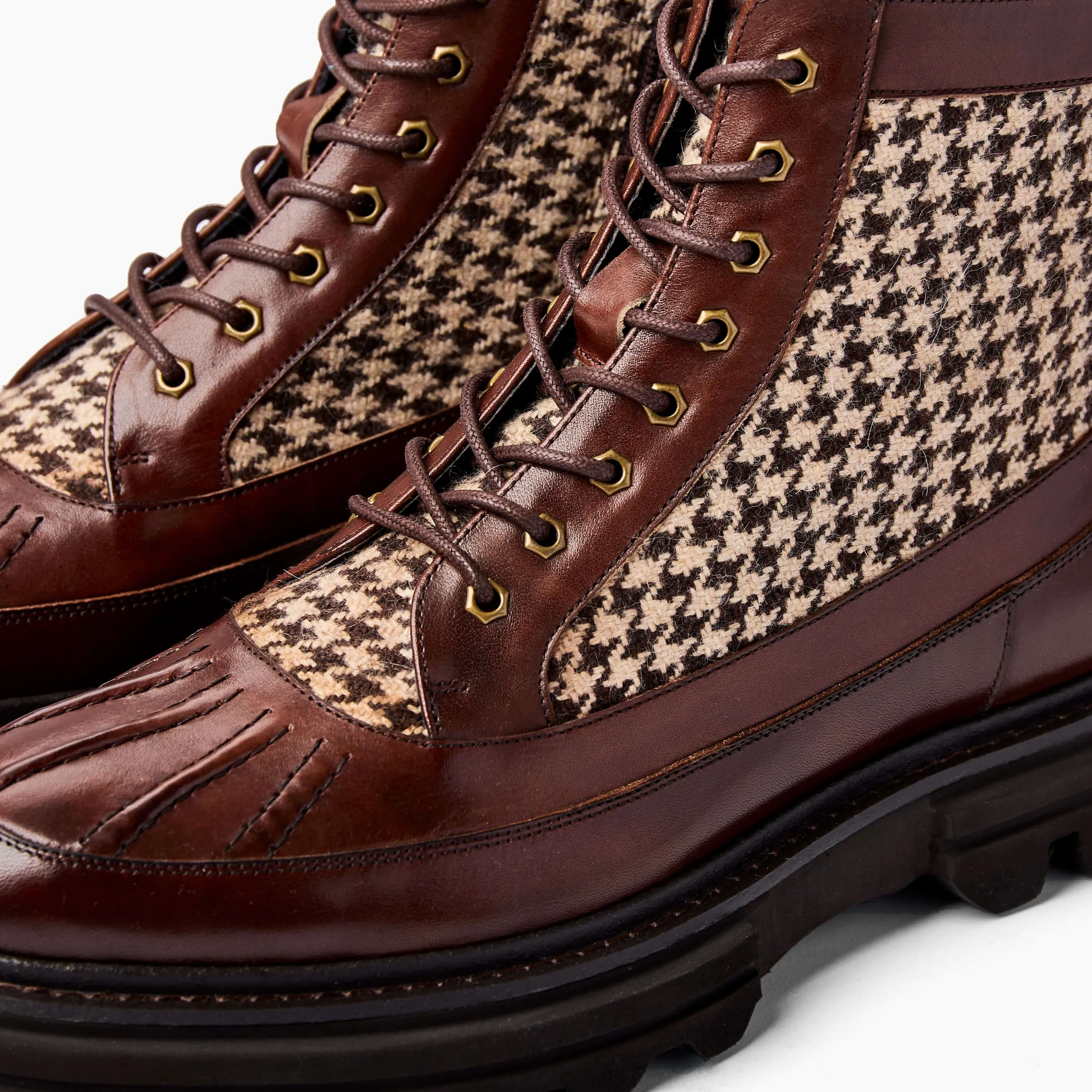 Odin Mahogany Houndstooth Leather Combat Boots