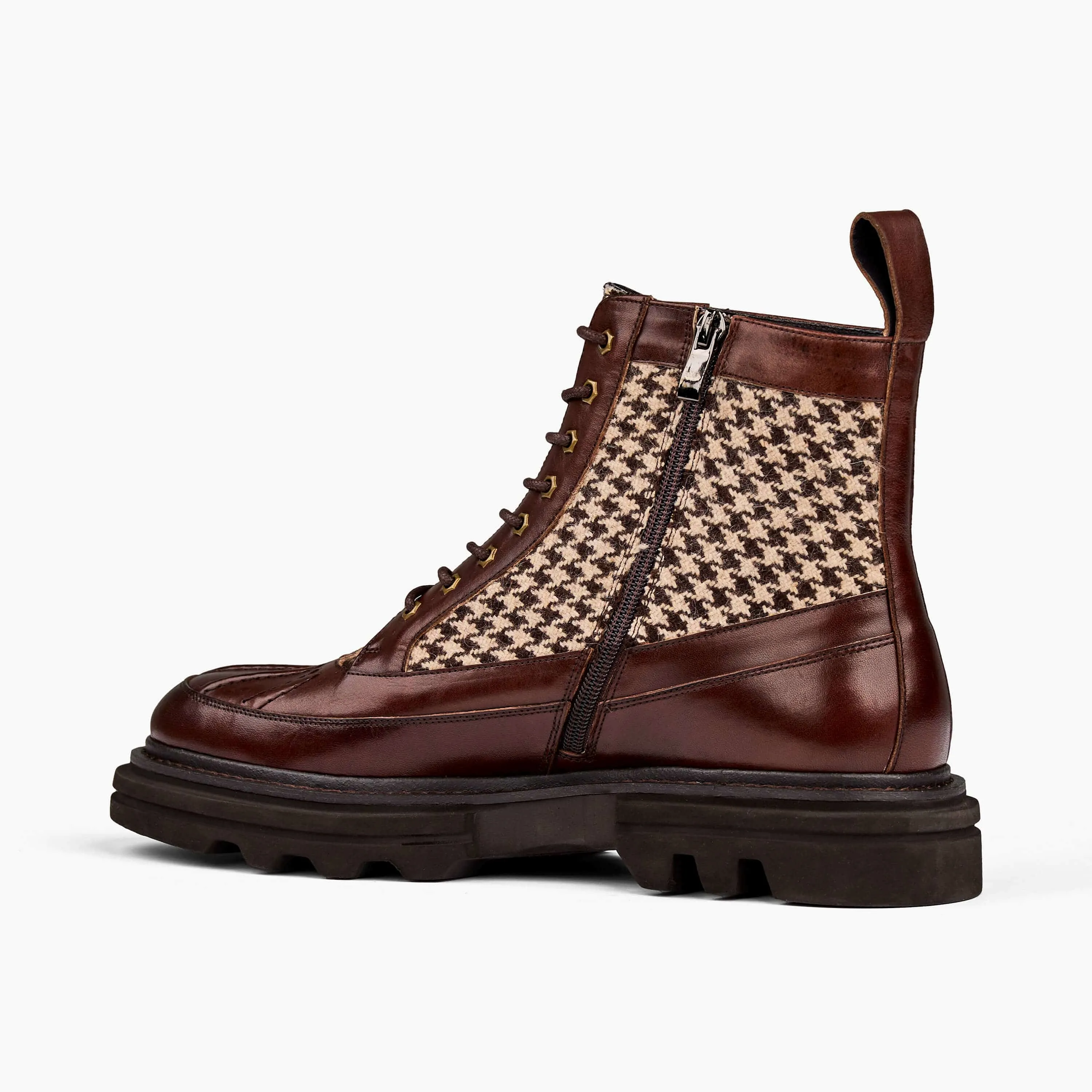 Odin Mahogany Houndstooth Leather Combat Boots