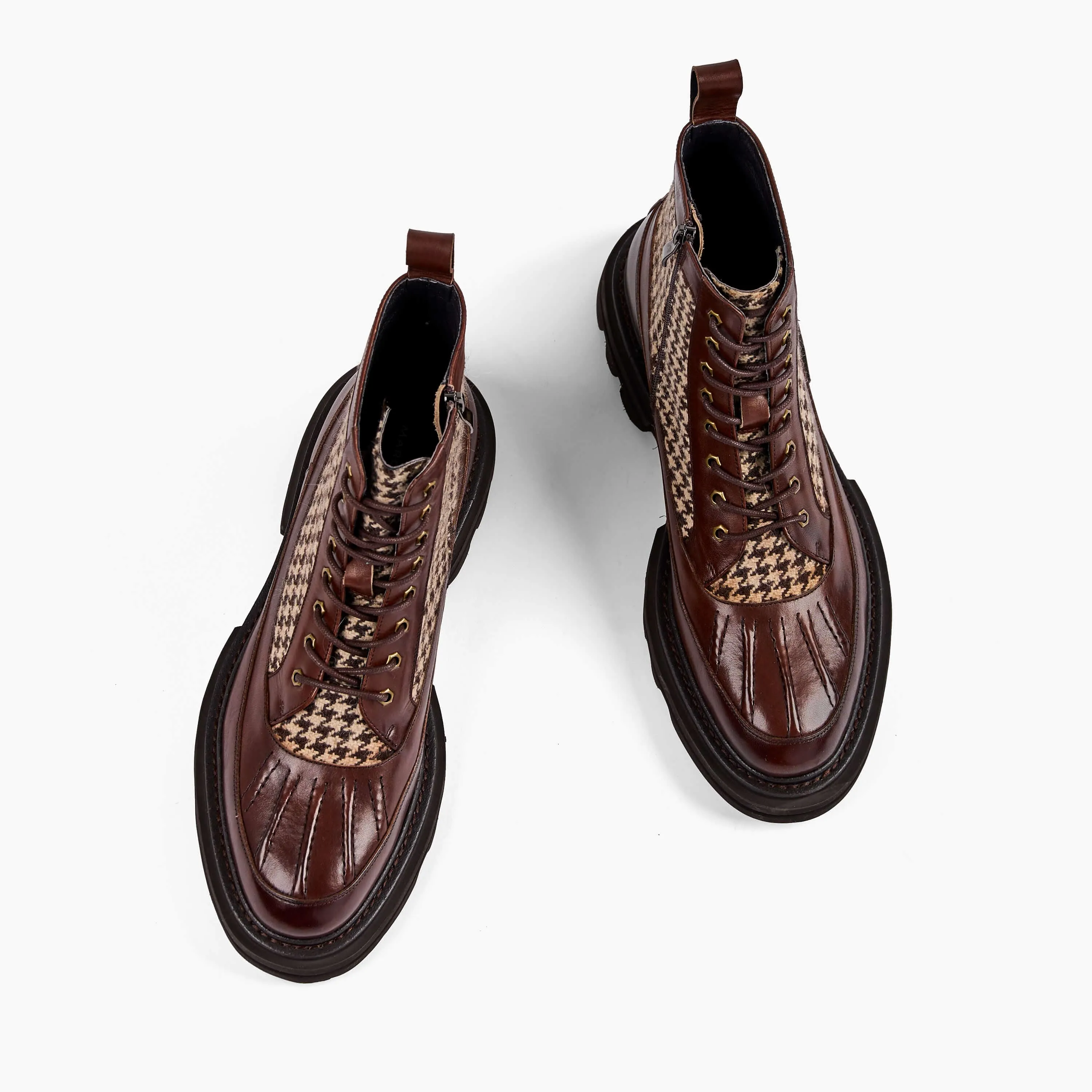 Odin Mahogany Houndstooth Leather Combat Boots