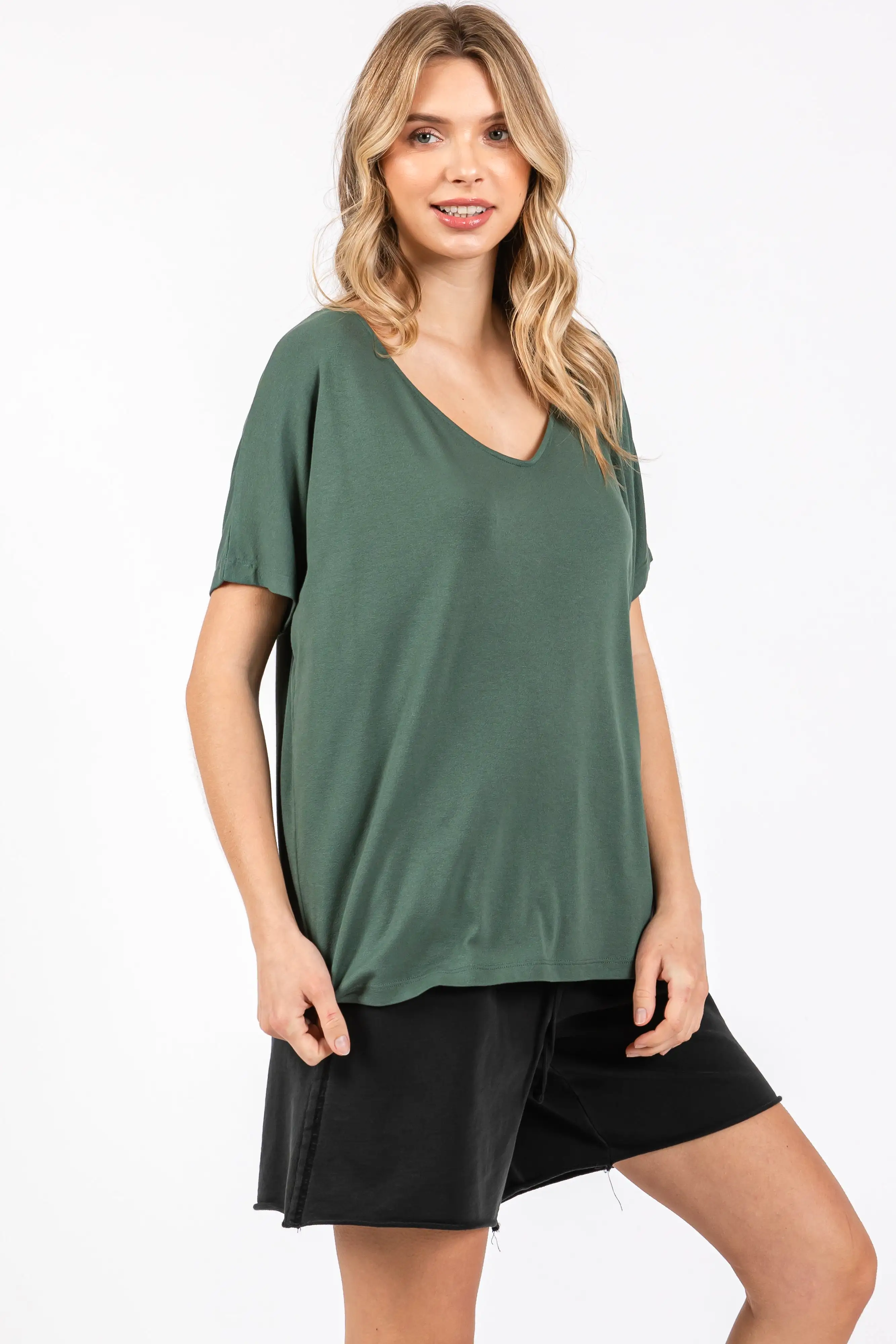 Olive Short Dolman Sleeve V-Neck Top