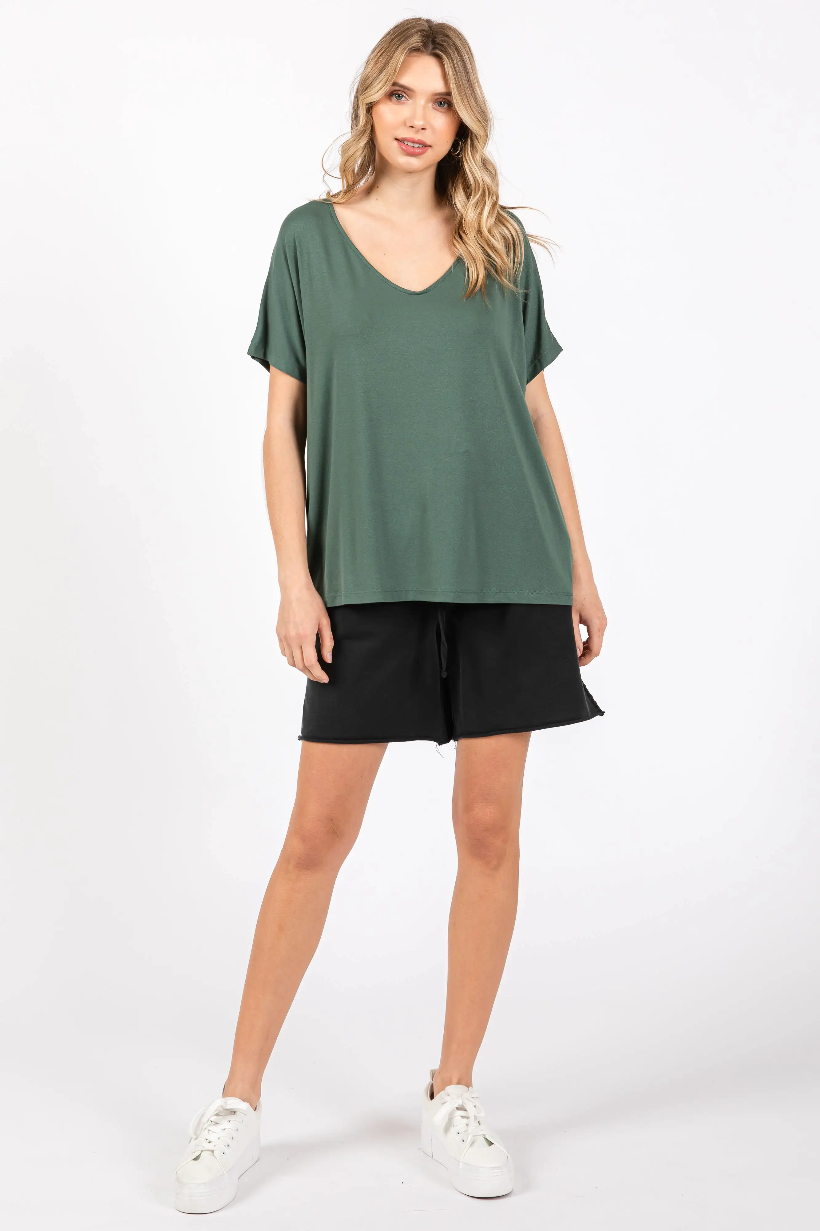 Olive Short Dolman Sleeve V-Neck Top