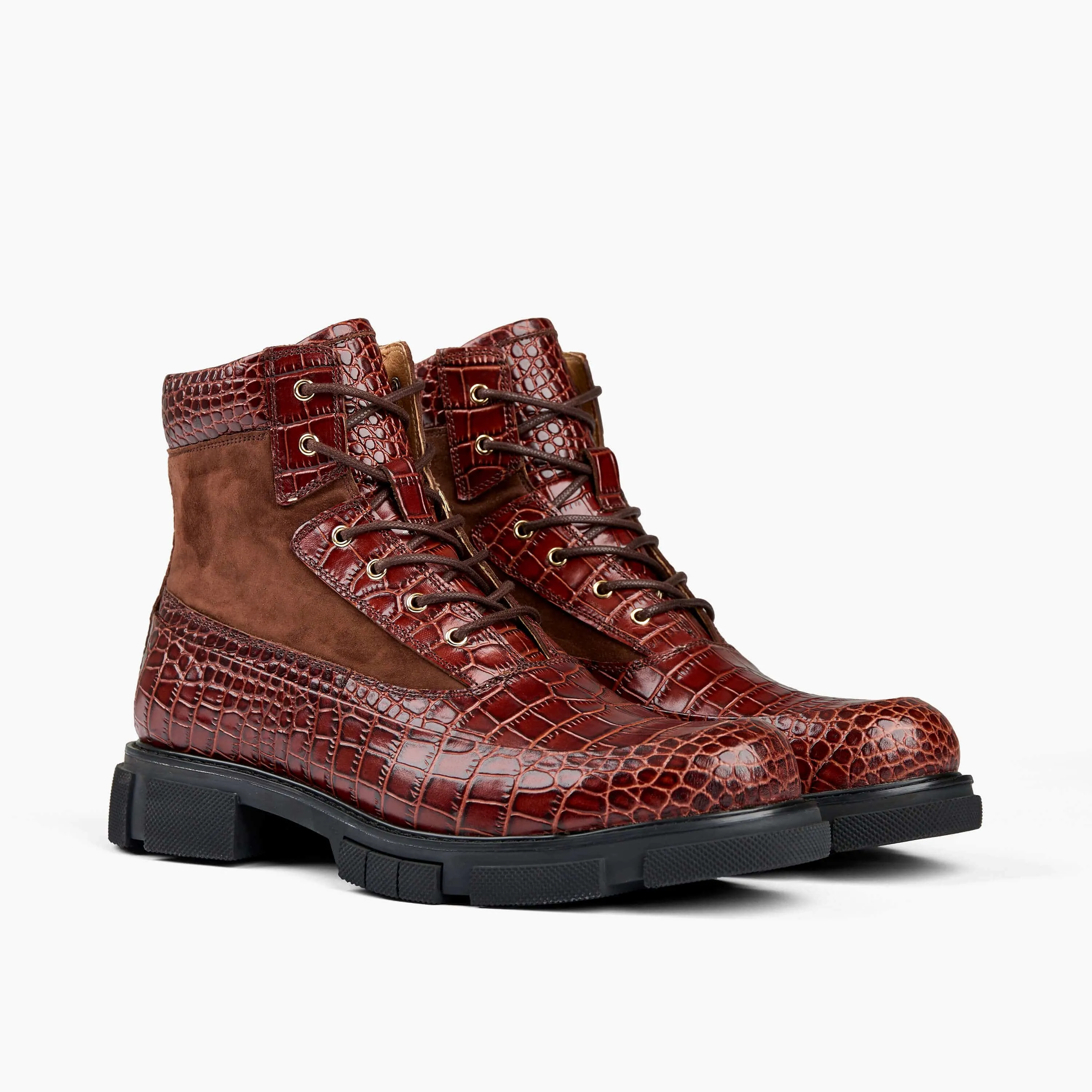 Otis Mahogany Croc Leather Combat Boots