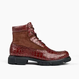 Otis Mahogany Croc Leather Combat Boots