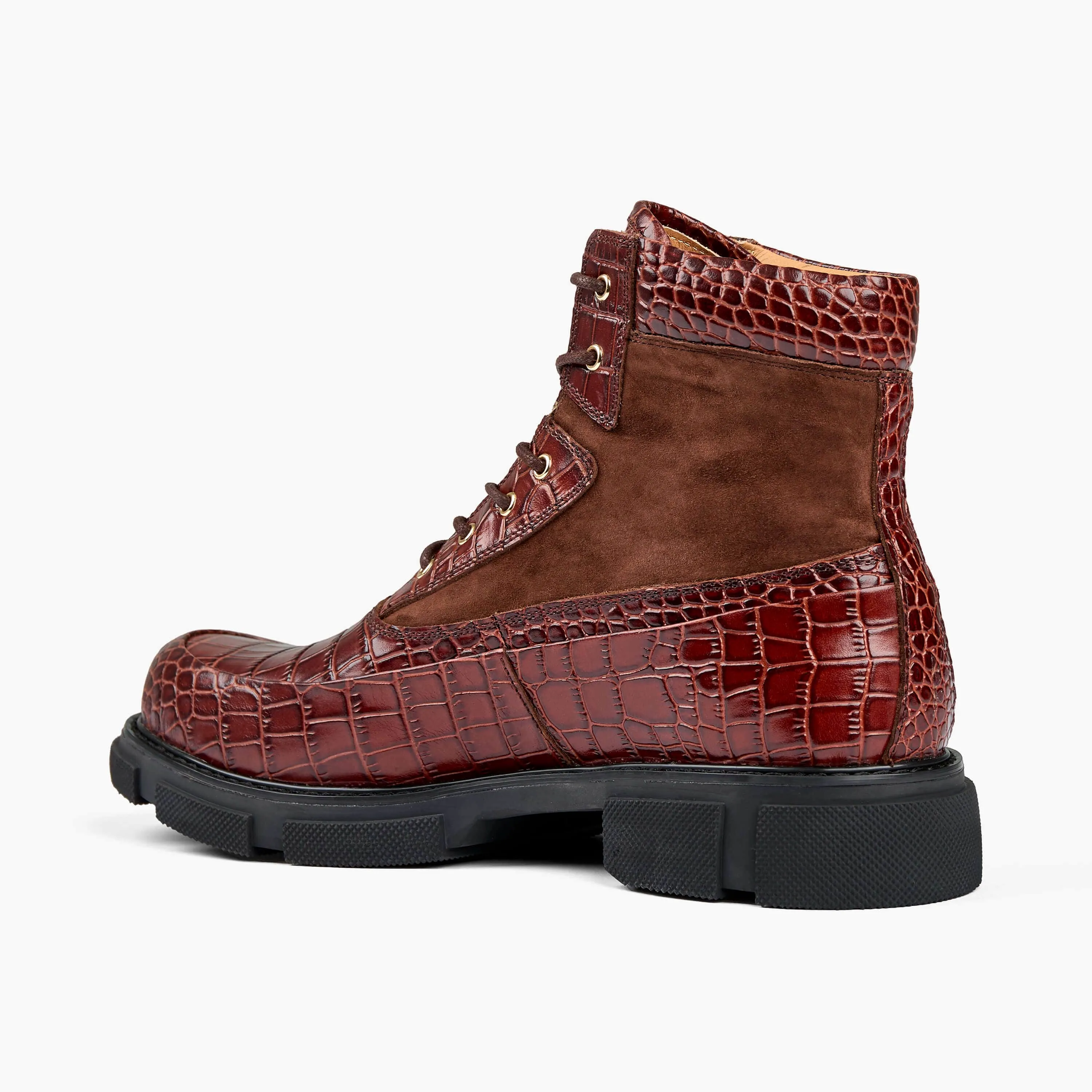 Otis Mahogany Croc Leather Combat Boots