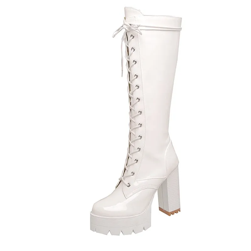 Patent Leather White Knee High Boots Lace Up Ladies Platform Boots High Heels Shoes