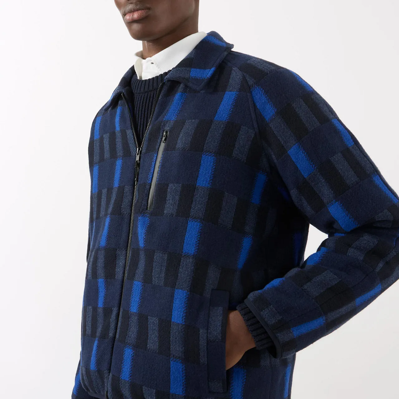 PERCIVAL Fretwork Checked Fleece Jacket - Blue