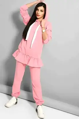 Pink Frilled Hem Hoodie Tracksuit