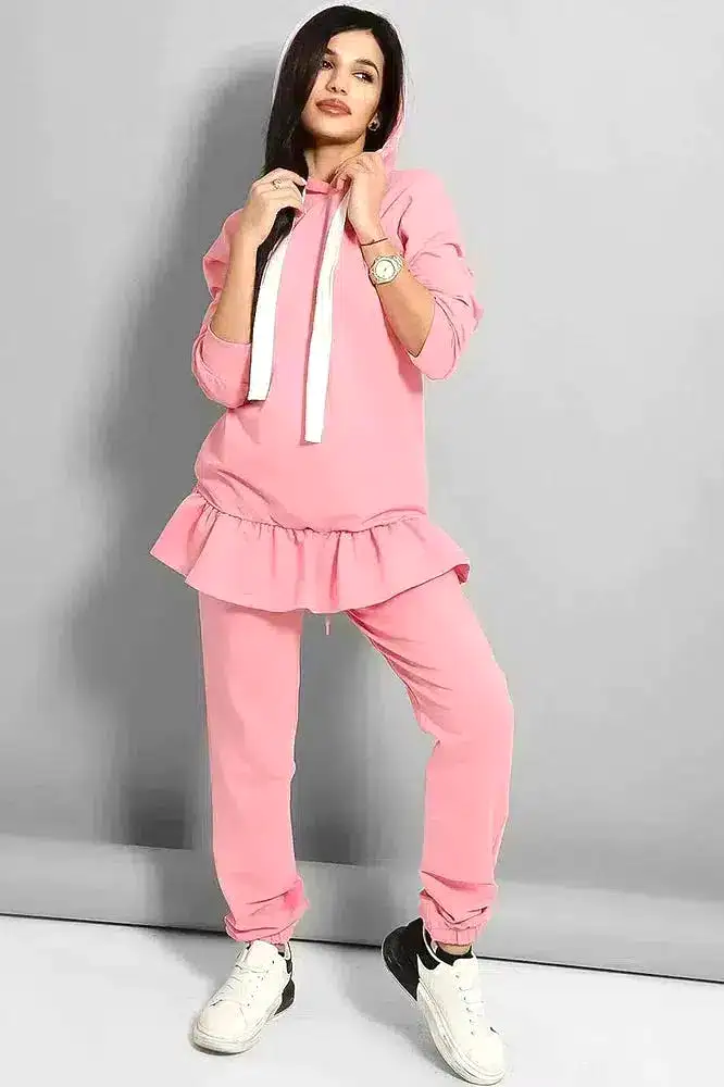 Pink Frilled Hem Hoodie Tracksuit