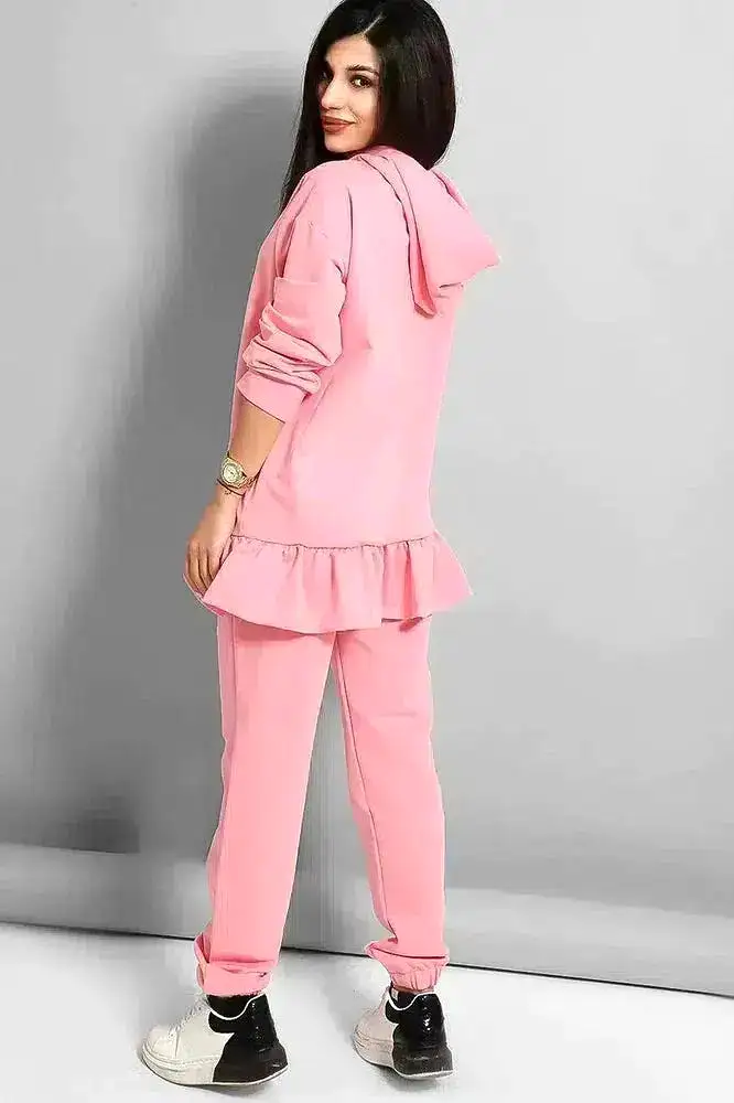 Pink Frilled Hem Hoodie Tracksuit