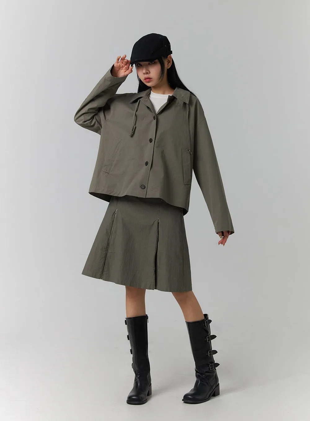 Solid Hooded Crop Trench Coat CJ419