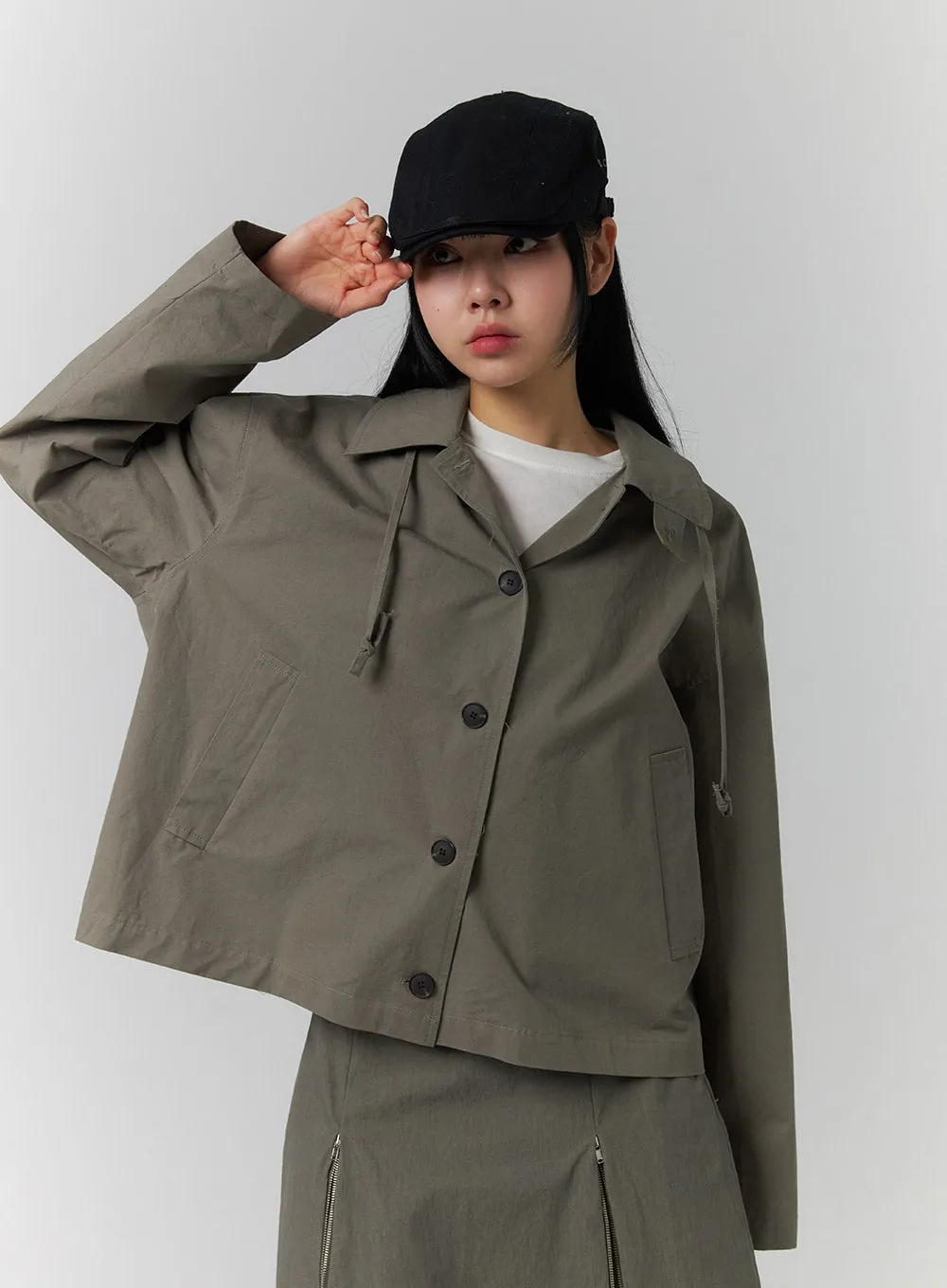 Solid Hooded Crop Trench Coat CJ419