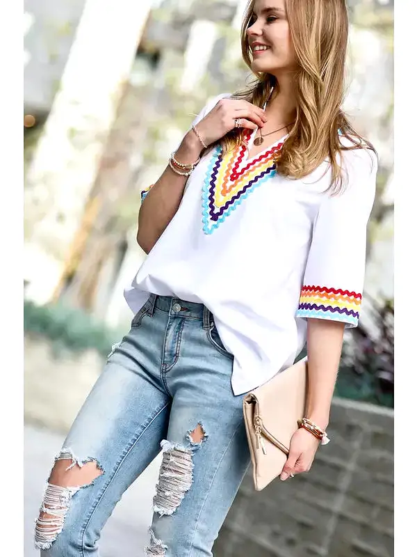 V-Neck Top - White/Multi Colors Stripes