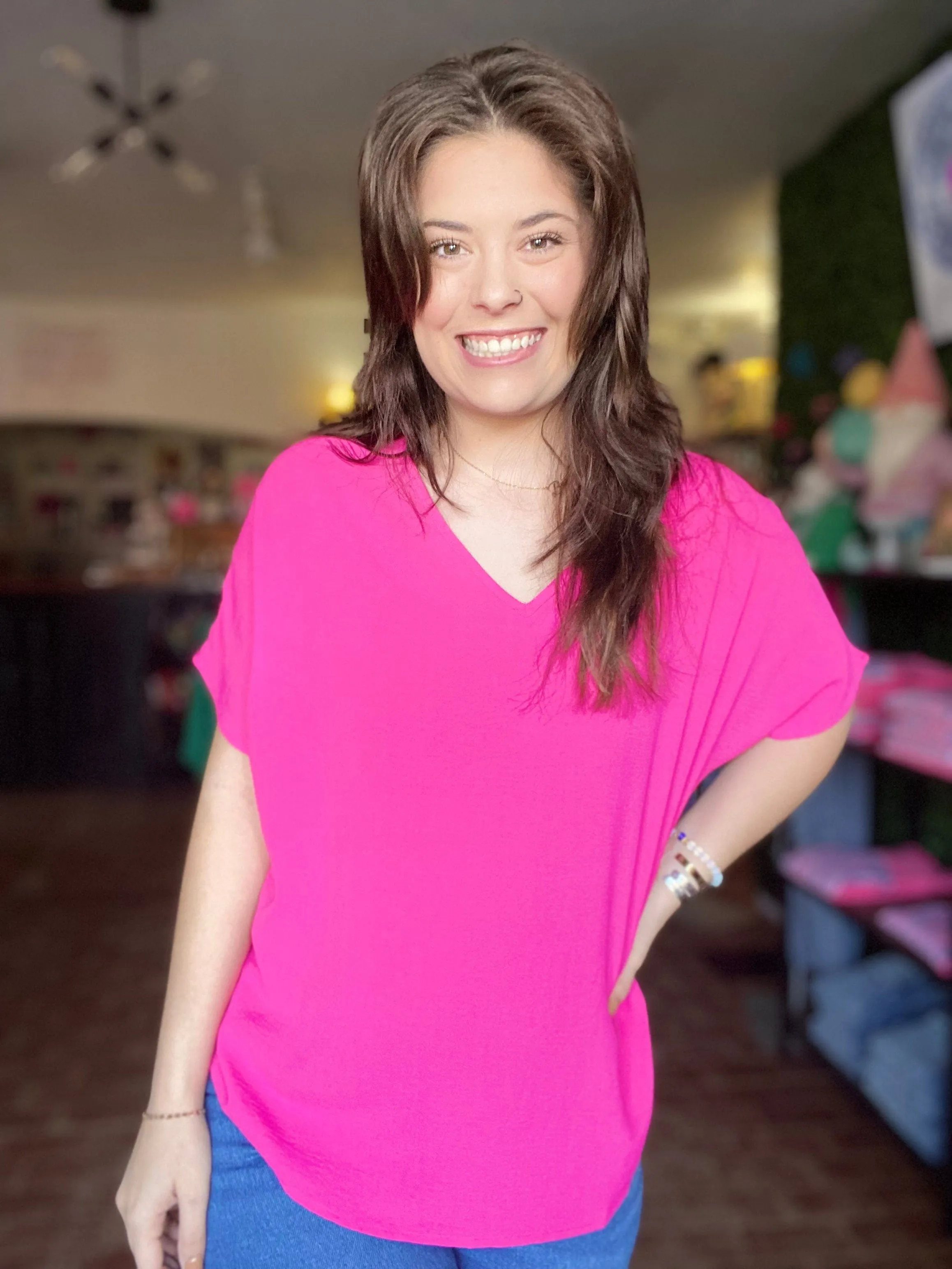 Vera V-neck Top-Hot Pink