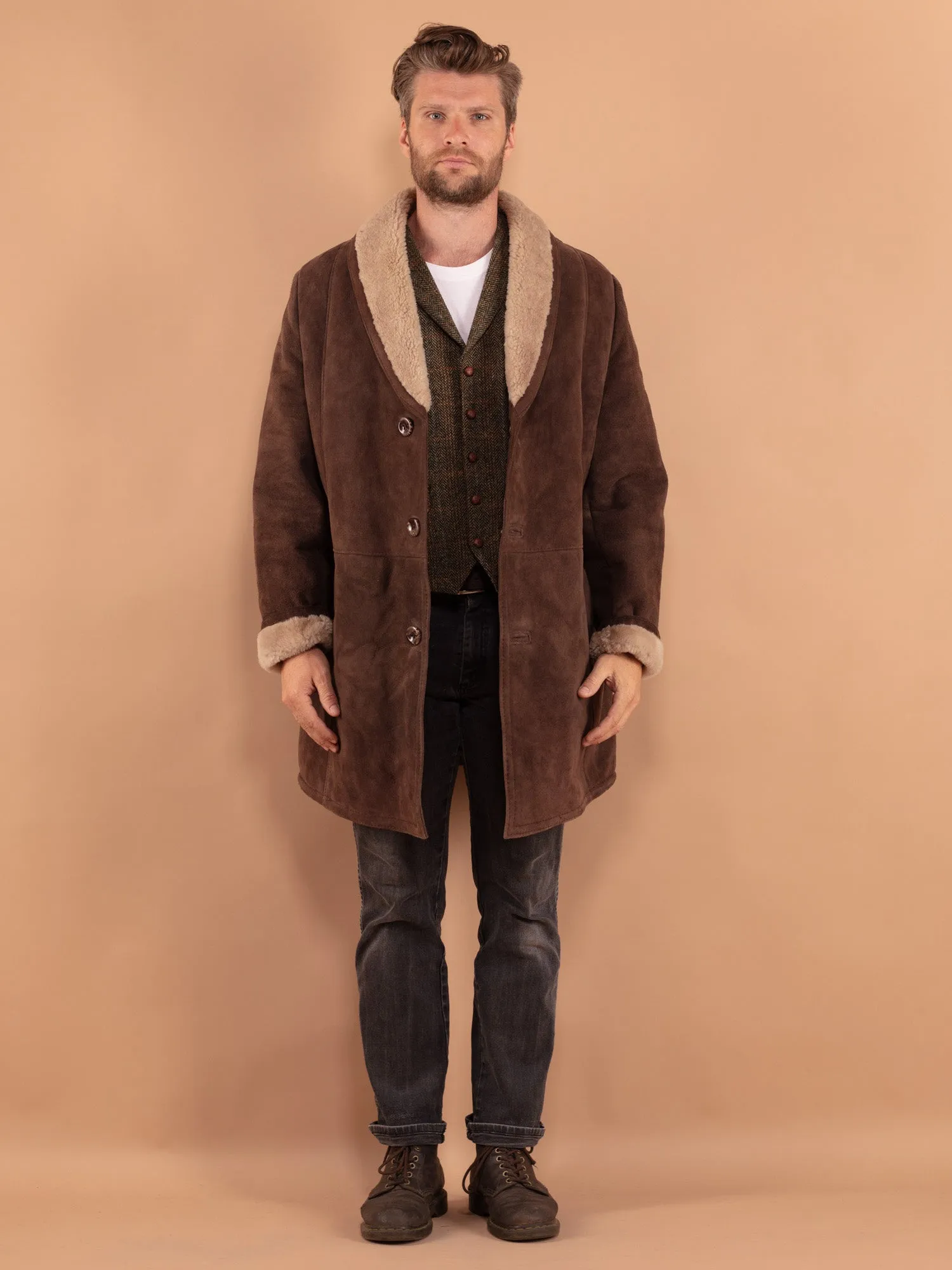 Vintage 70's Men Oversized Sheepskin Coat in Brown