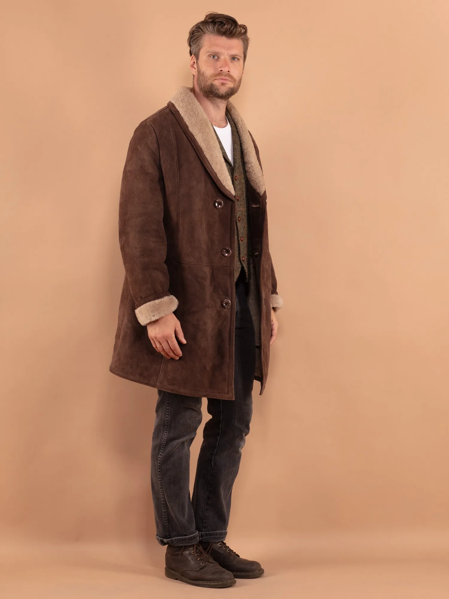 Vintage 70's Men Oversized Sheepskin Coat in Brown