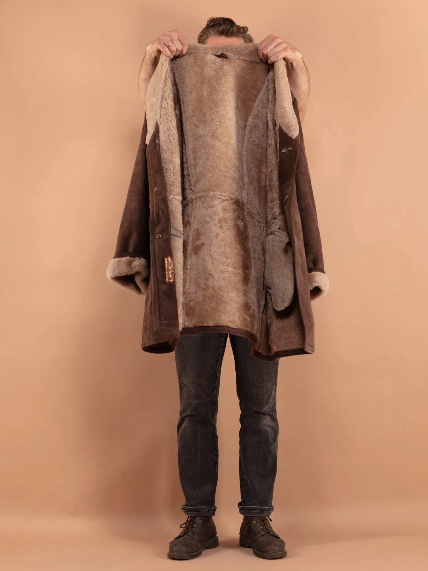 Vintage 70's Men Oversized Sheepskin Coat in Brown