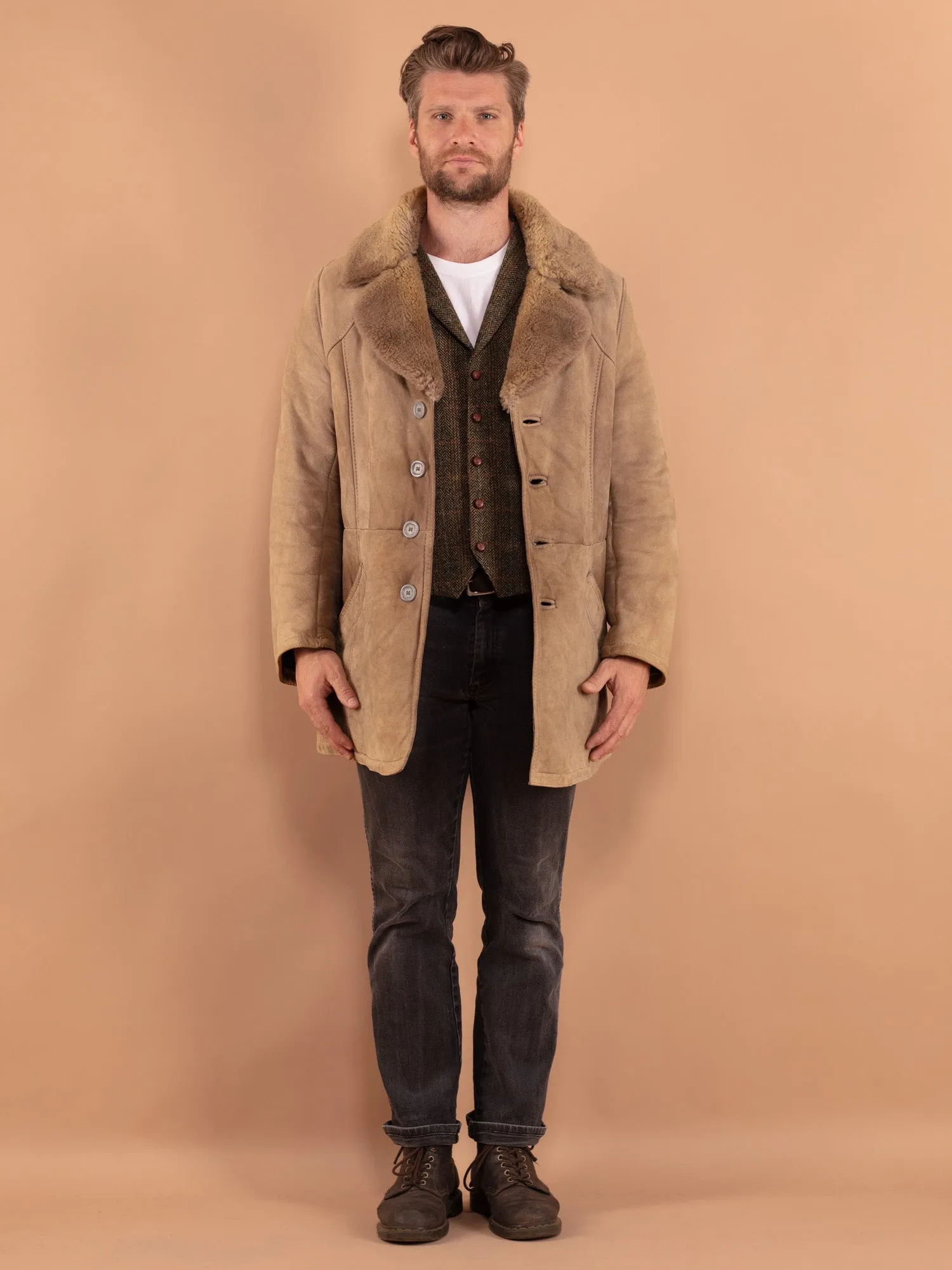 Vintage 70's Men Sheepskin Coat in Beige