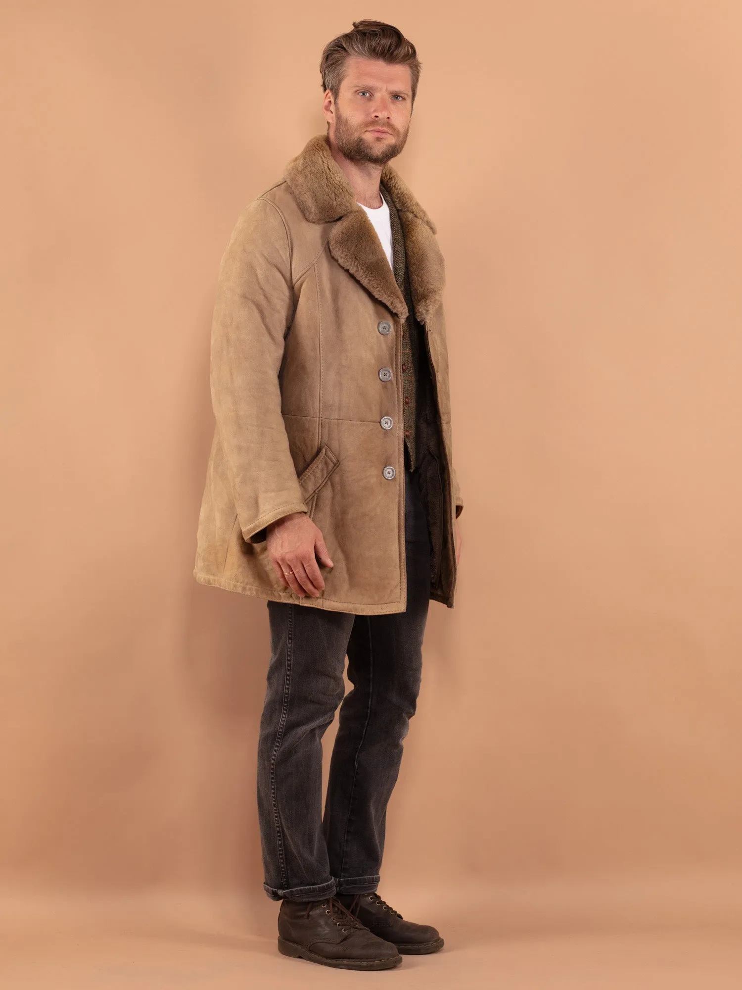 Vintage 70's Men Sheepskin Coat in Beige