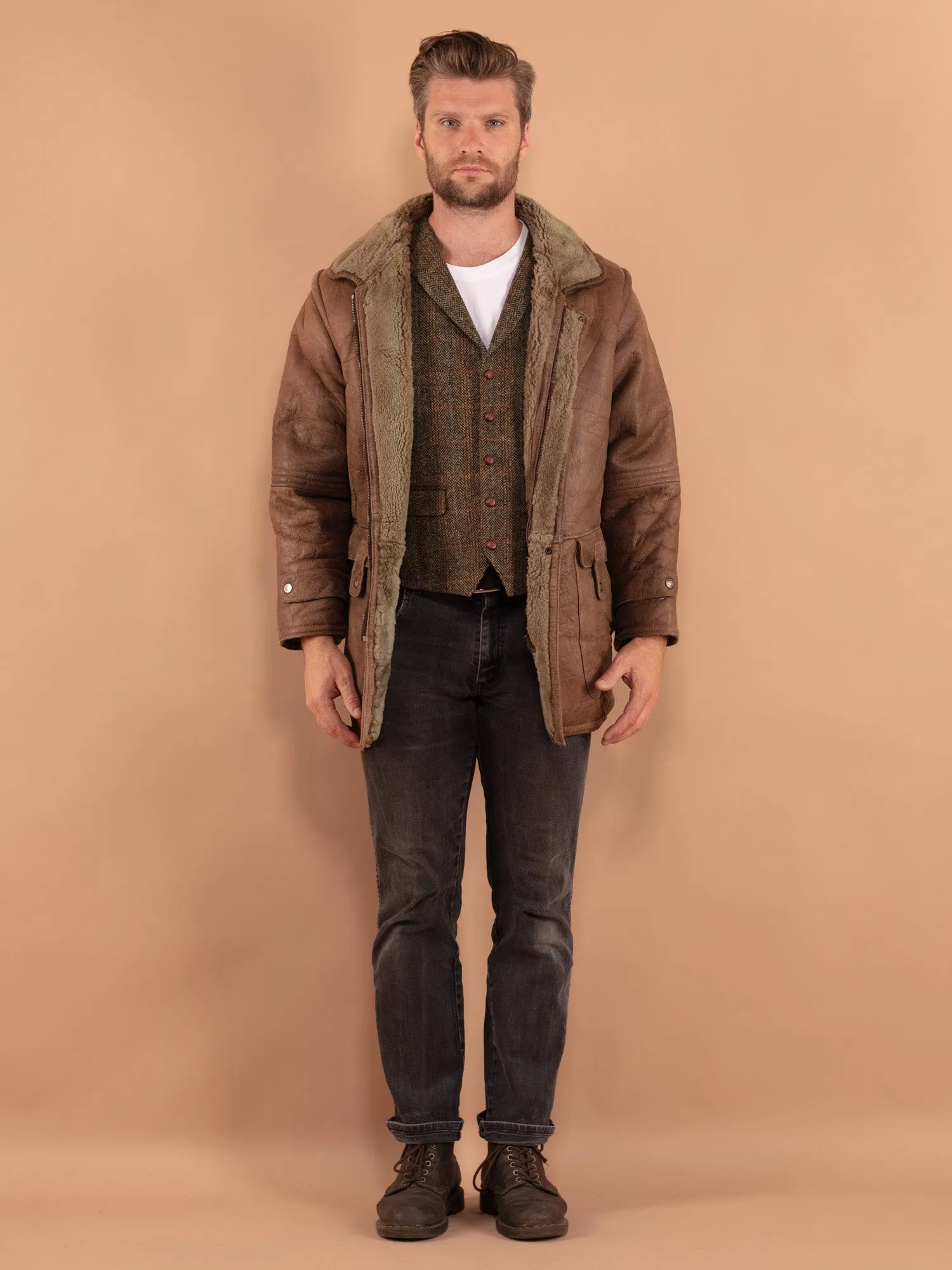 Vintage 70's Men Sheepskin Coat in Brown