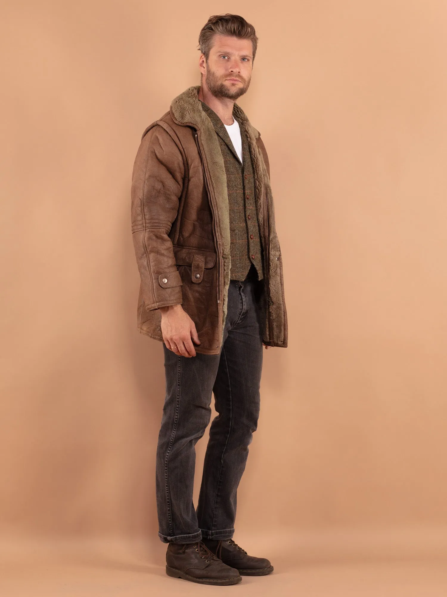 Vintage 70's Men Sheepskin Coat in Brown