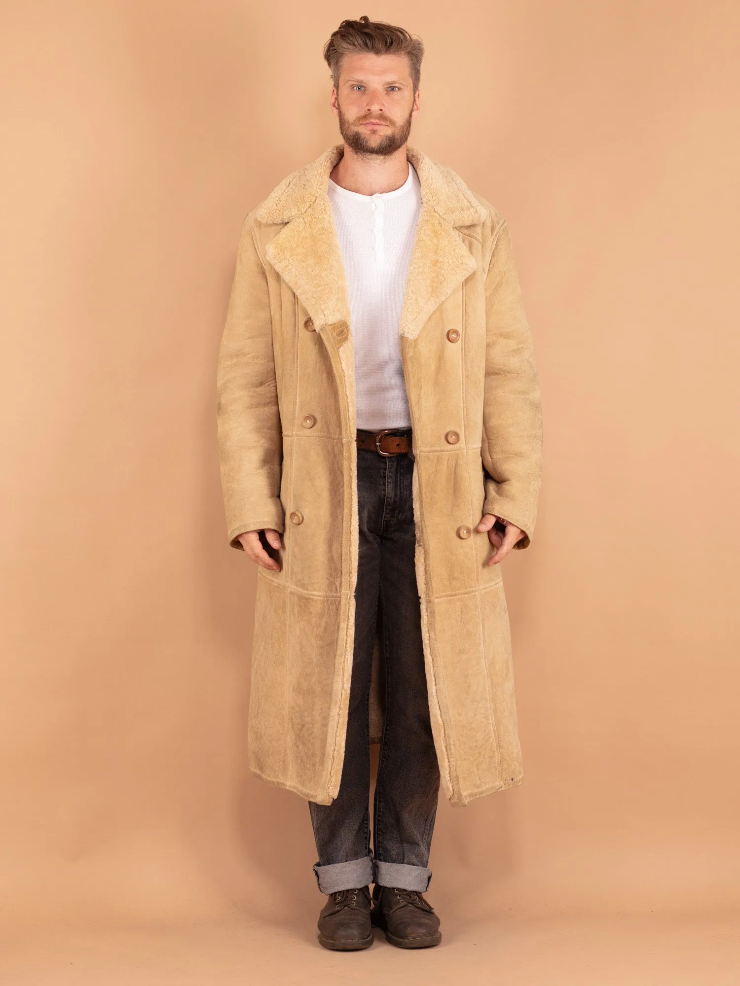 Vintage 70's Men Sheepskin Long Coat in Beige