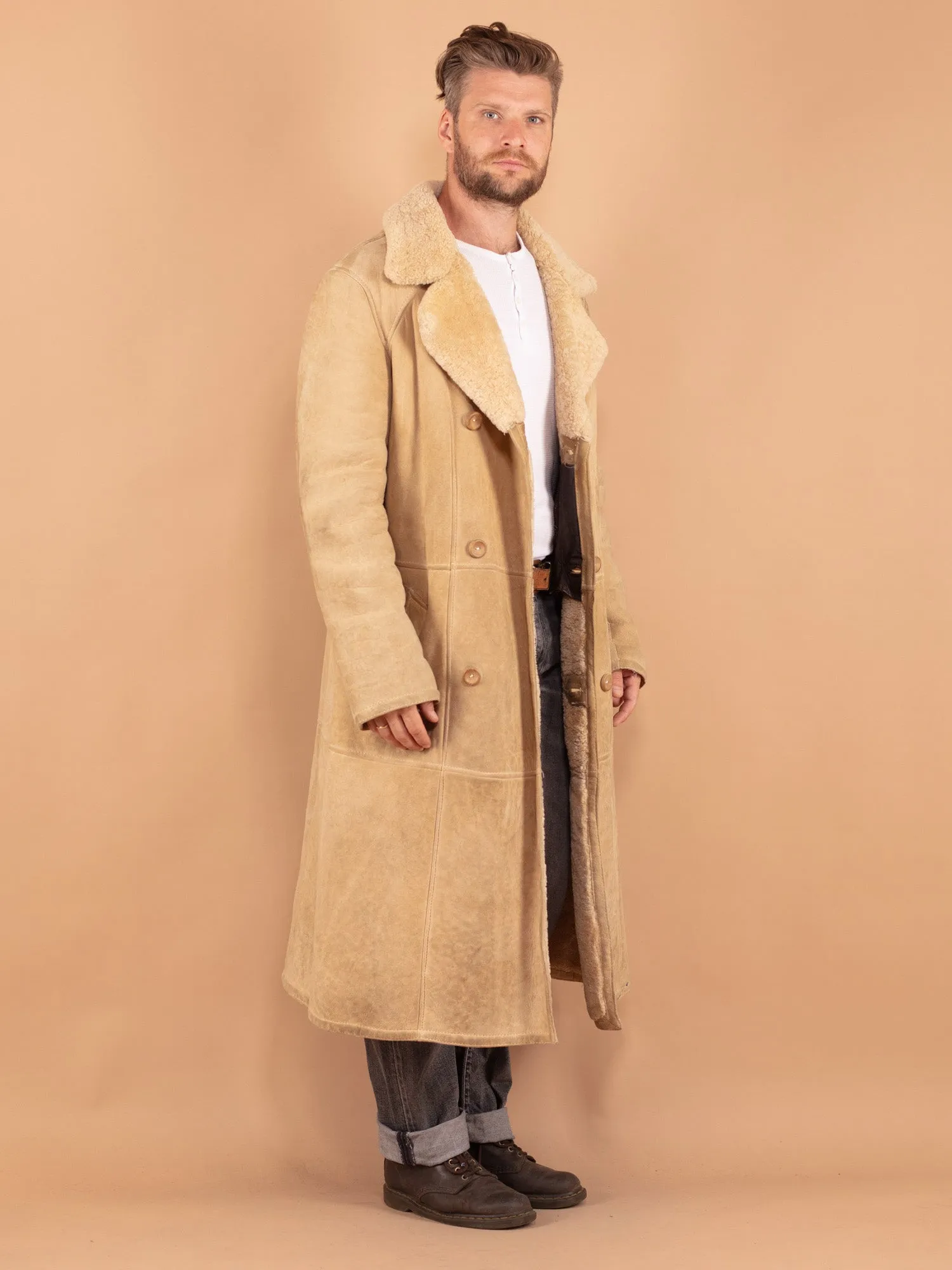 Vintage 70's Men Sheepskin Long Coat in Beige