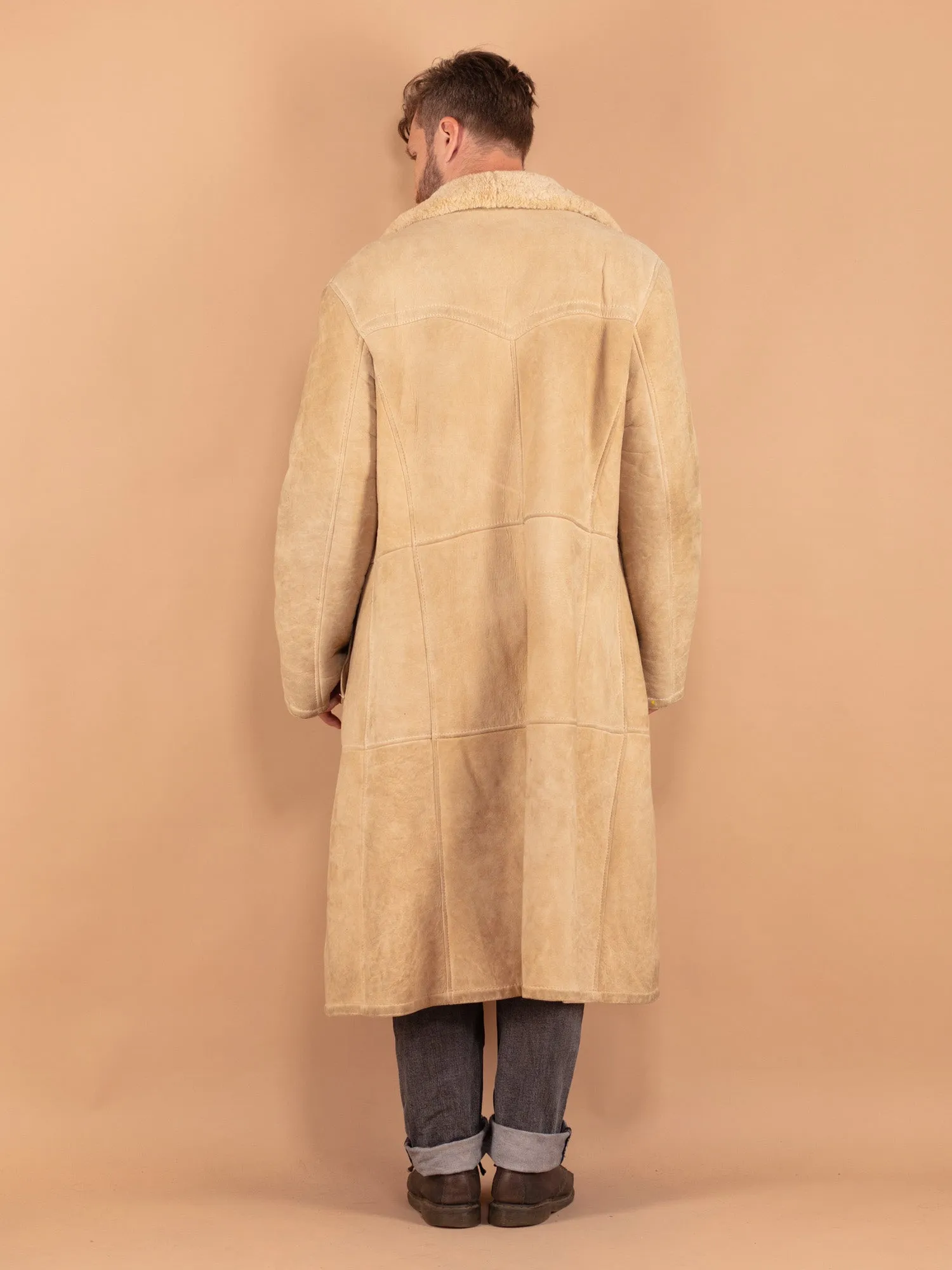 Vintage 70's Men Sheepskin Long Coat in Beige