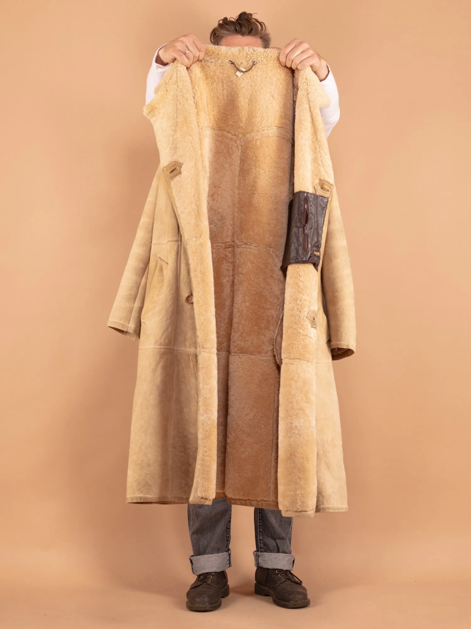 Vintage 70's Men Sheepskin Long Coat in Beige