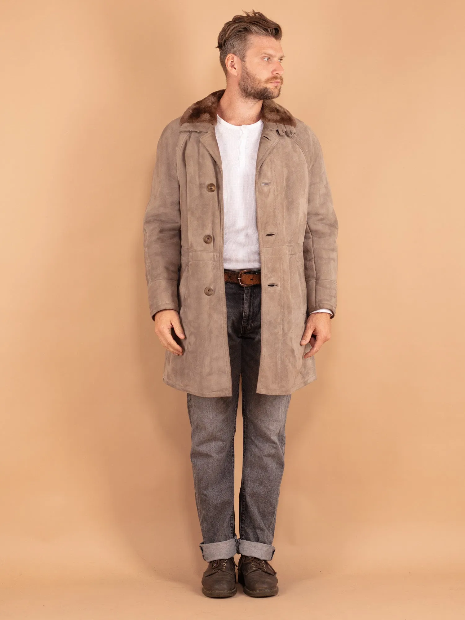 Vintage 70's Men Sheepskin Shearling Coat in Beige