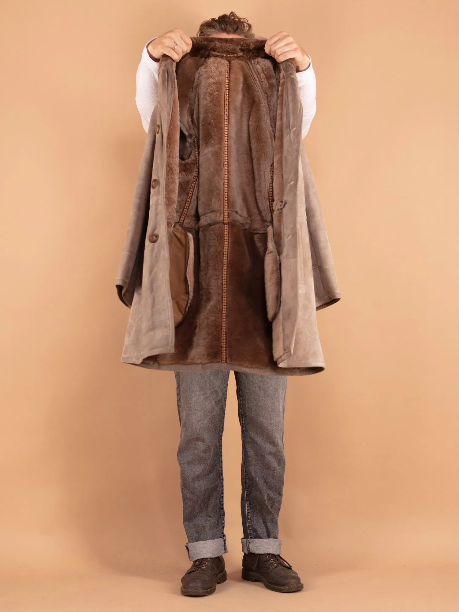 Vintage 70's Men Sheepskin Shearling Coat in Beige