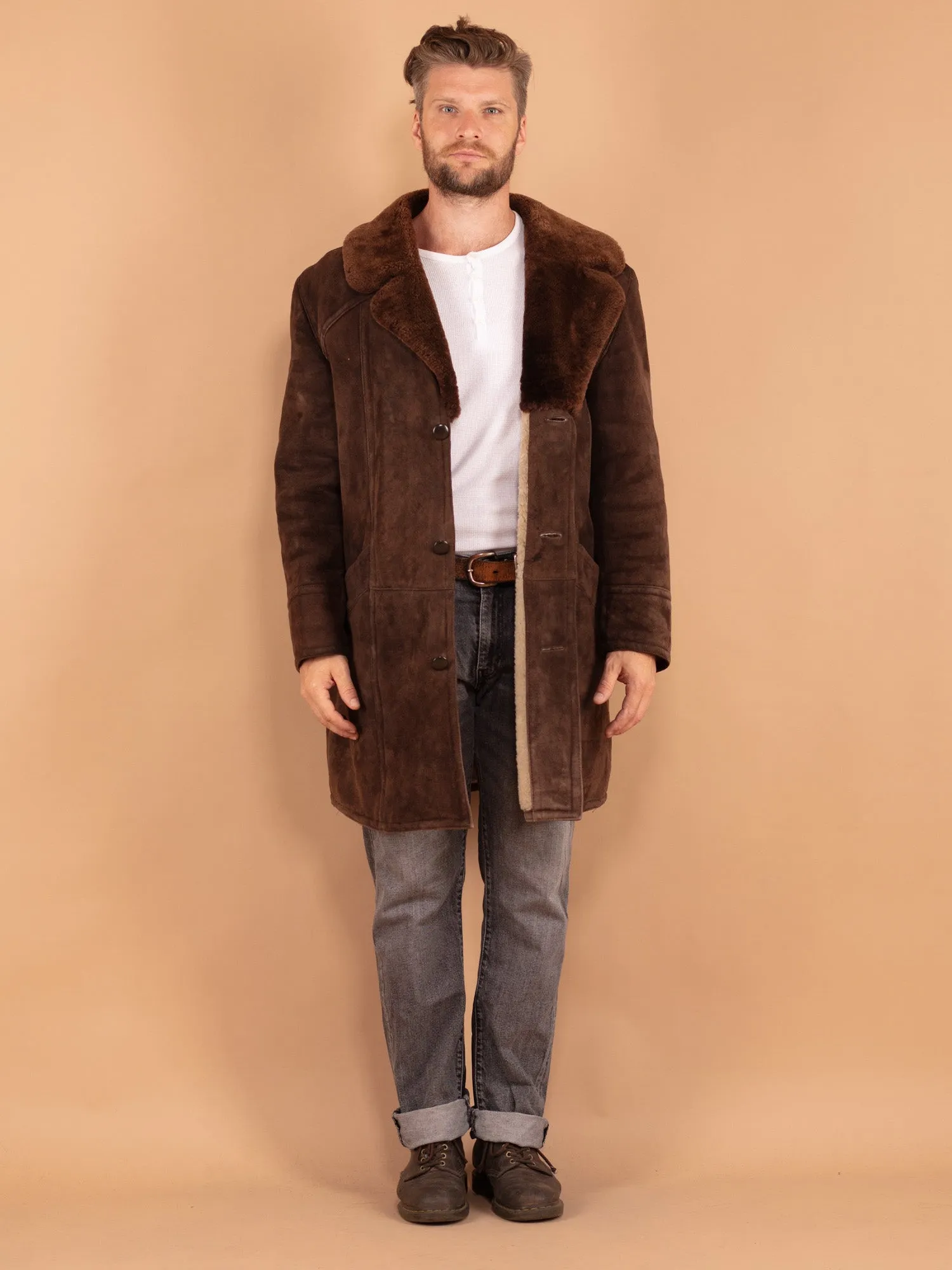 Vintage 70's Men Sheepskin Shearling Coat in Brown