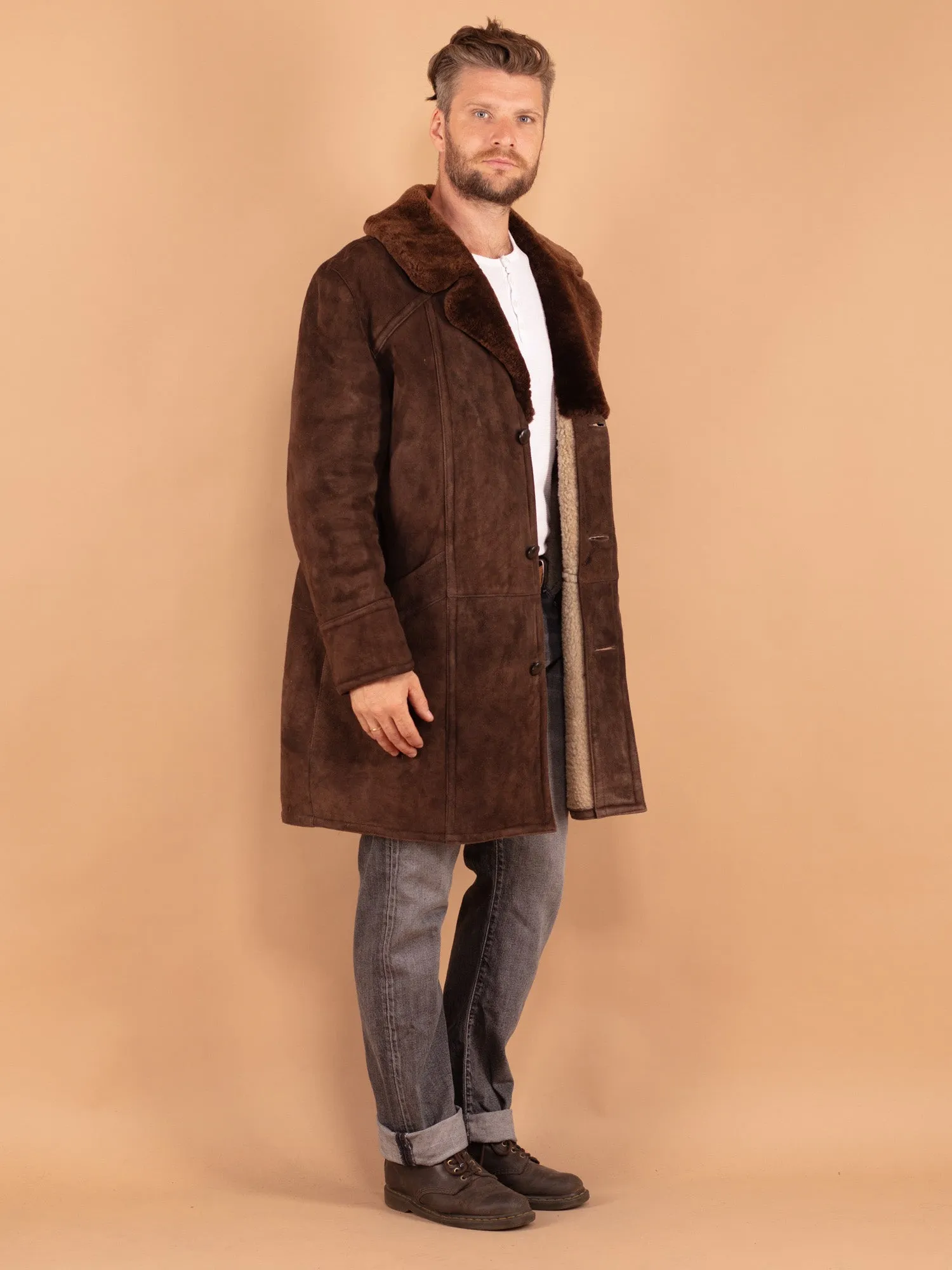 Vintage 70's Men Sheepskin Shearling Coat in Brown