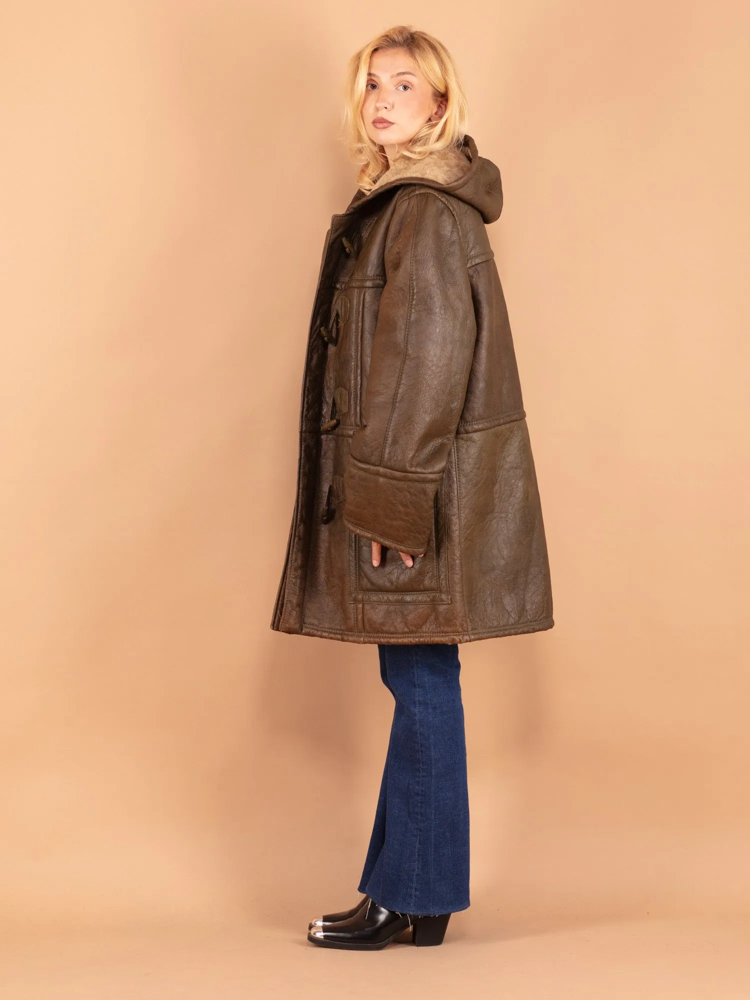 Vintage 70's Women Hooded Sheepskin Coat in Brown