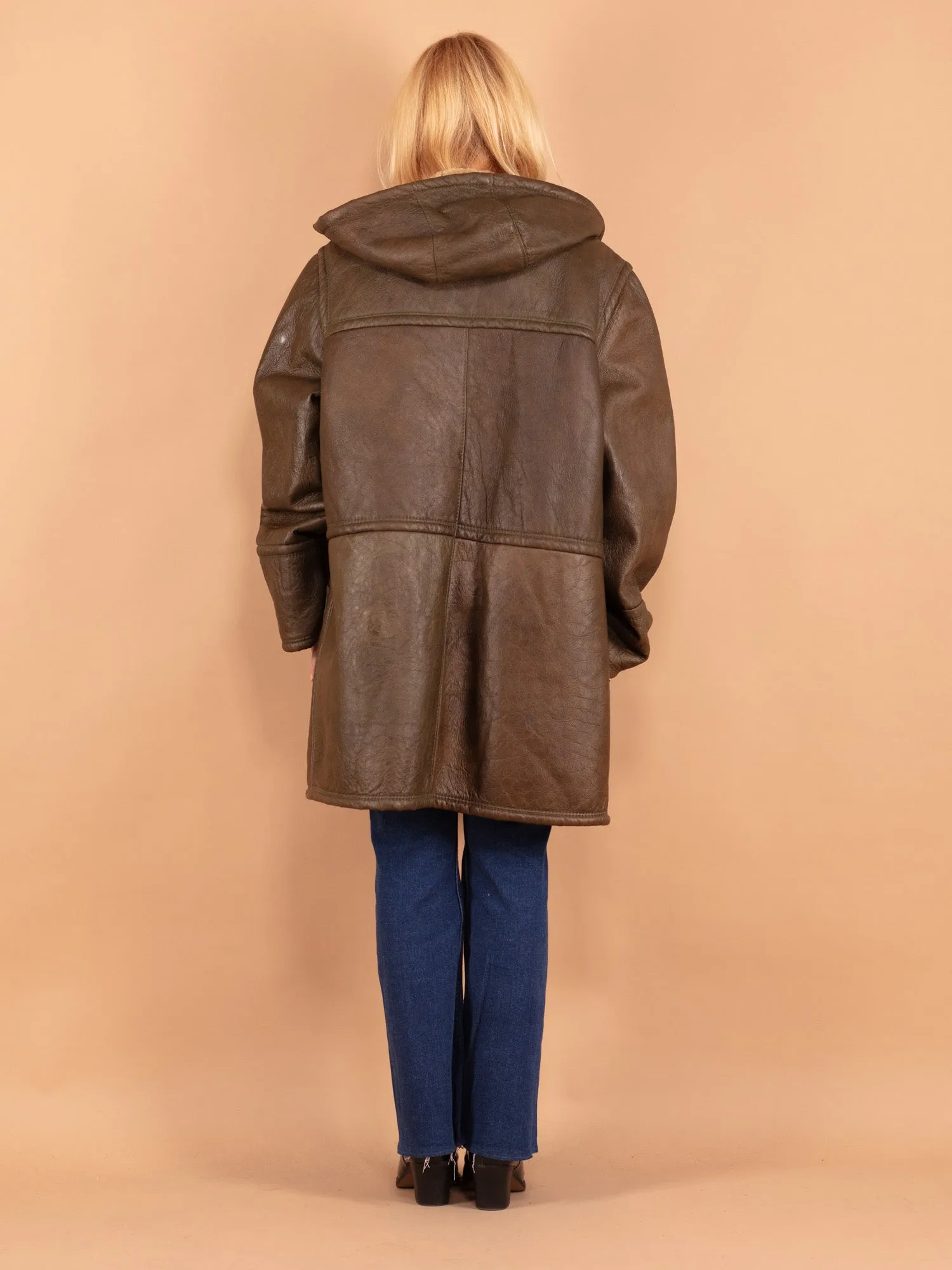 Vintage 70's Women Hooded Sheepskin Coat in Brown