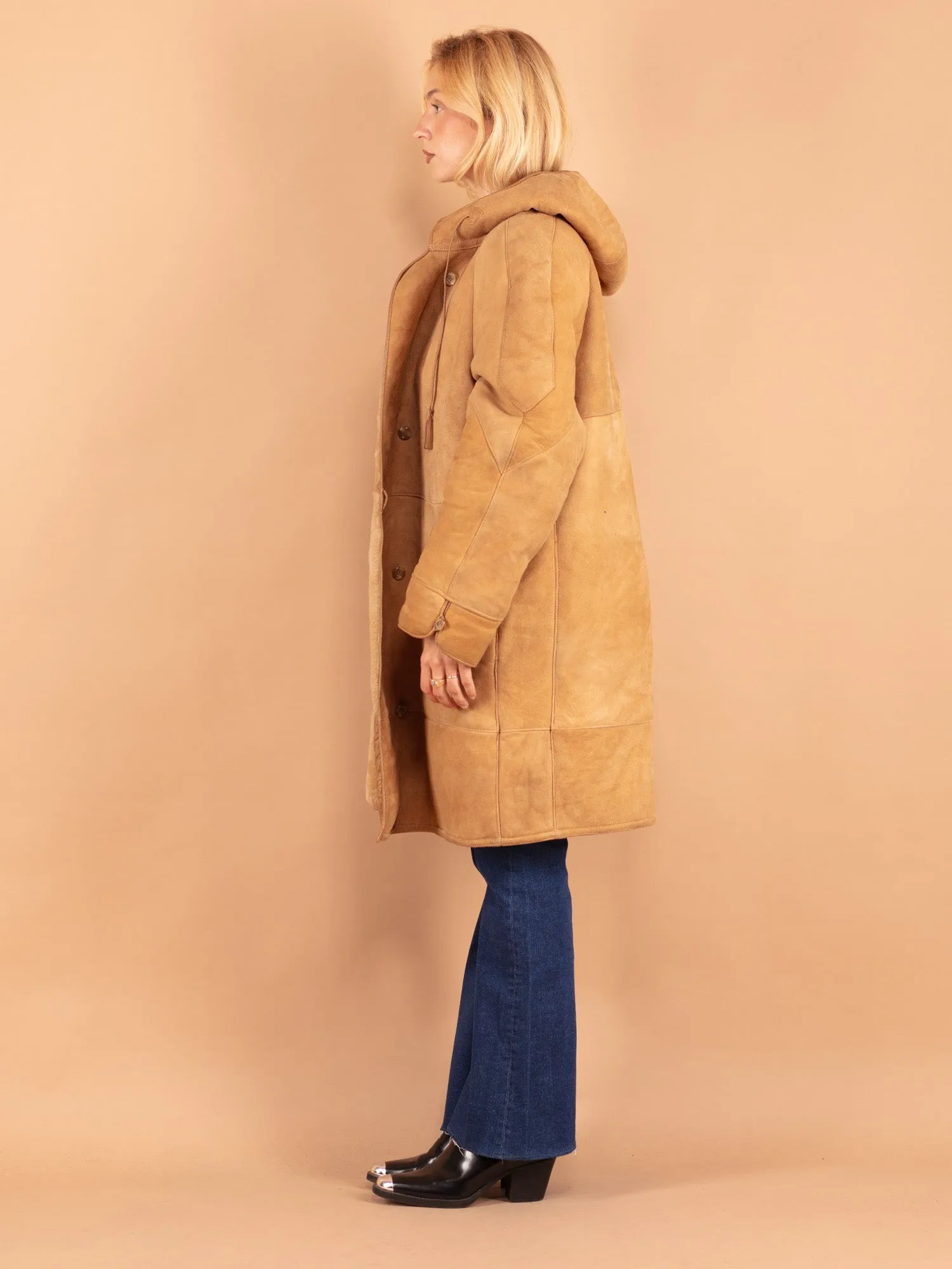 Vintage 80's Hooded Women Sheepskin Coat in Beige