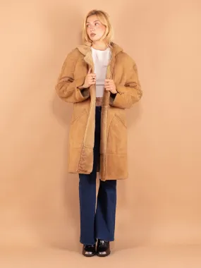 Vintage 80's Hooded Women Sheepskin Coat in Beige